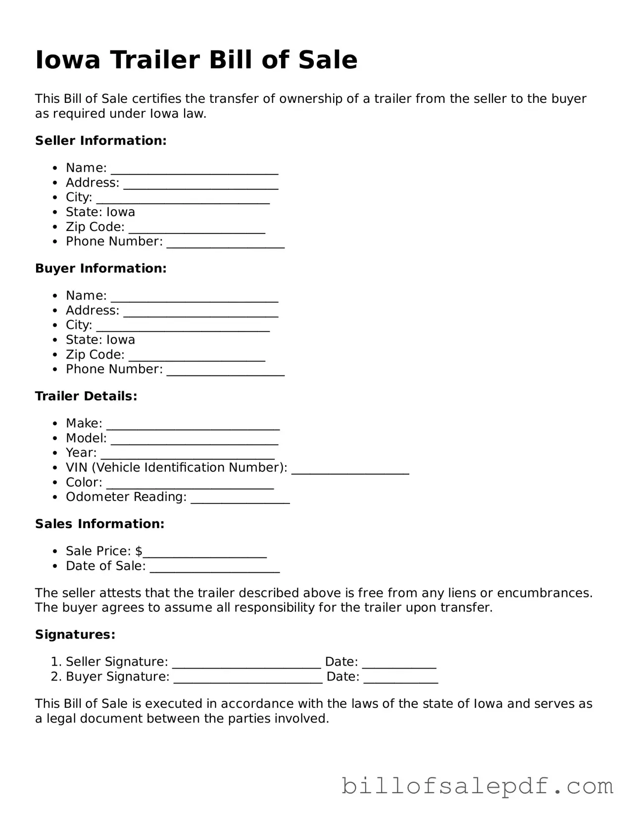 Legal Iowa Trailer Bill of Sale Form