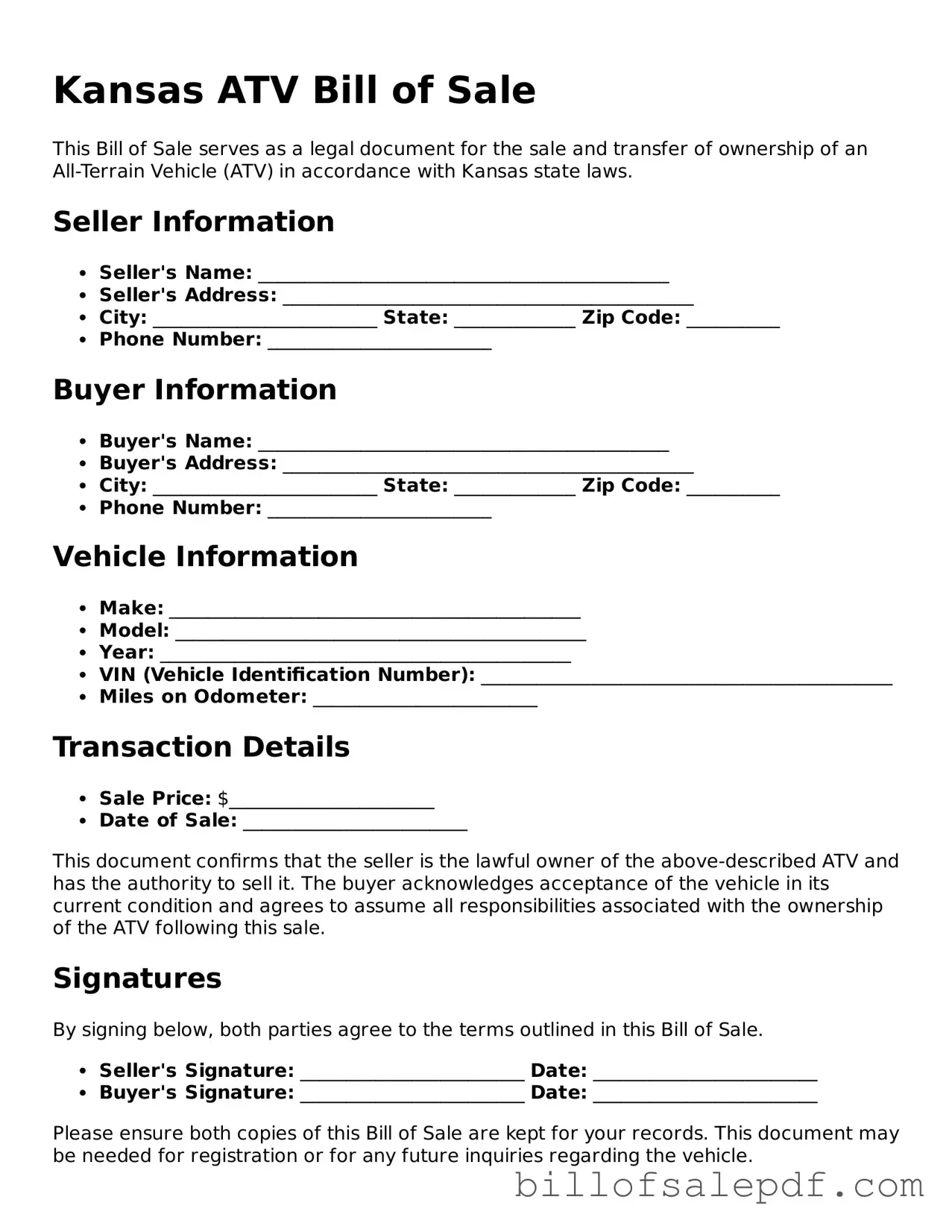 Legal Kansas ATV Bill of Sale Form