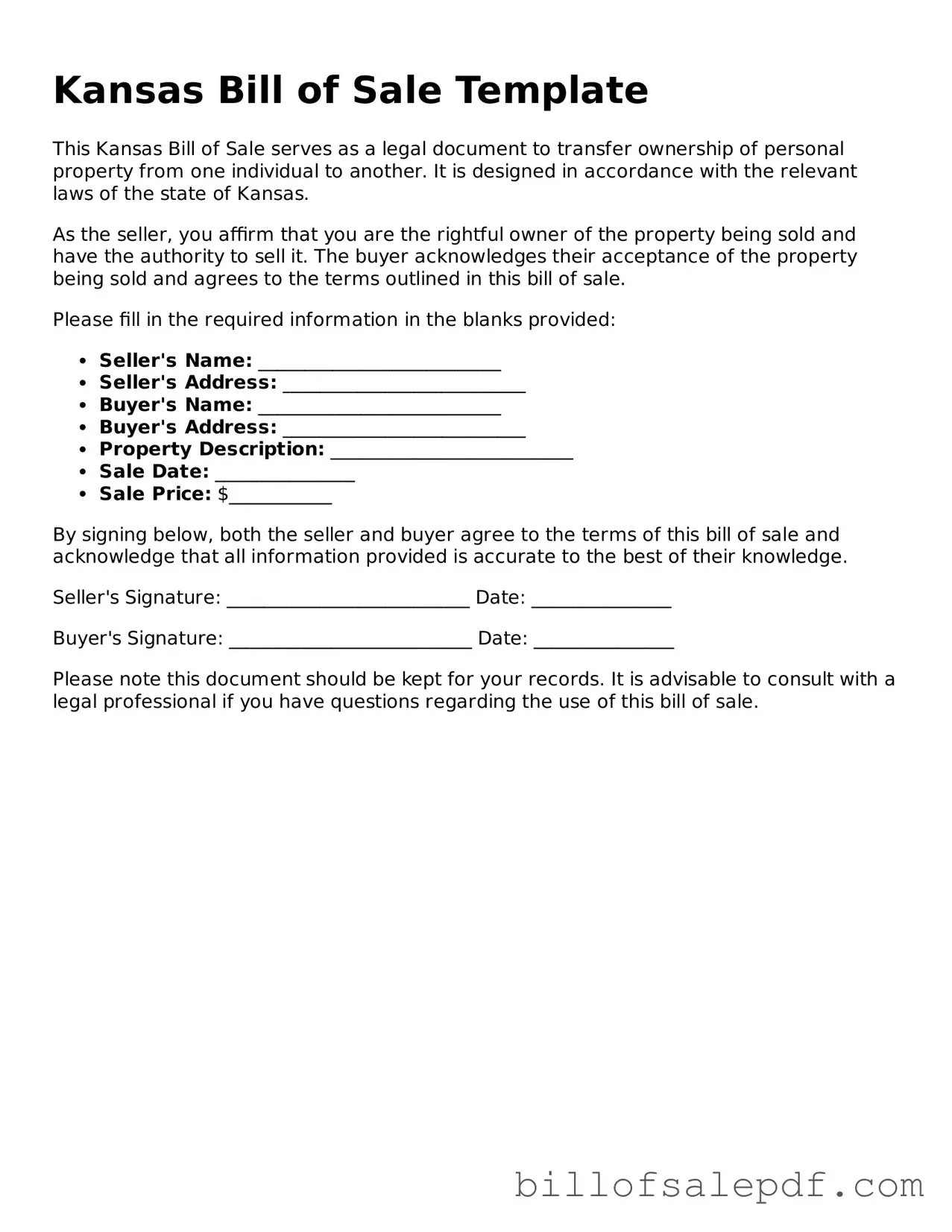 Legal Kansas Bill of Sale Form