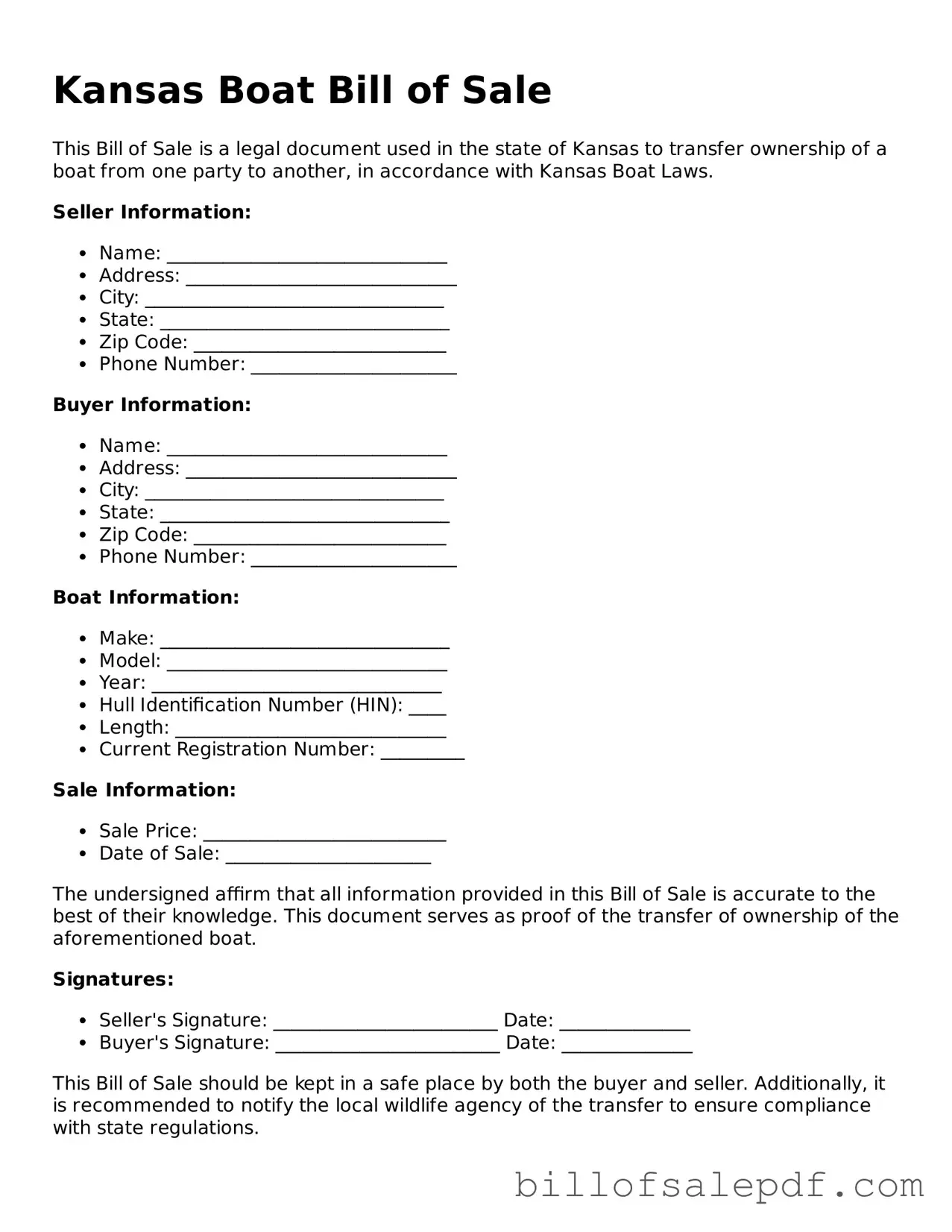 Legal Kansas Boat Bill of Sale Form
