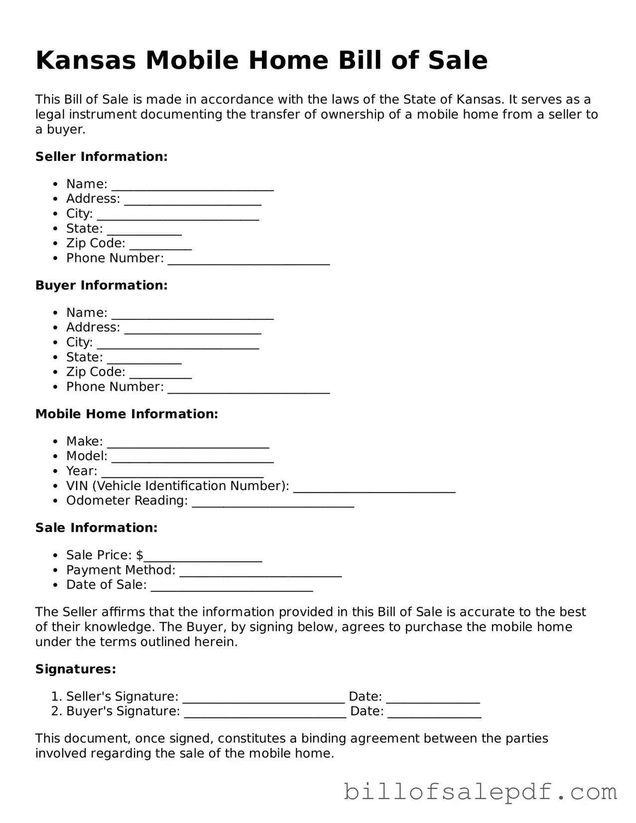 Legal Kansas Mobile Home Bill of Sale Form