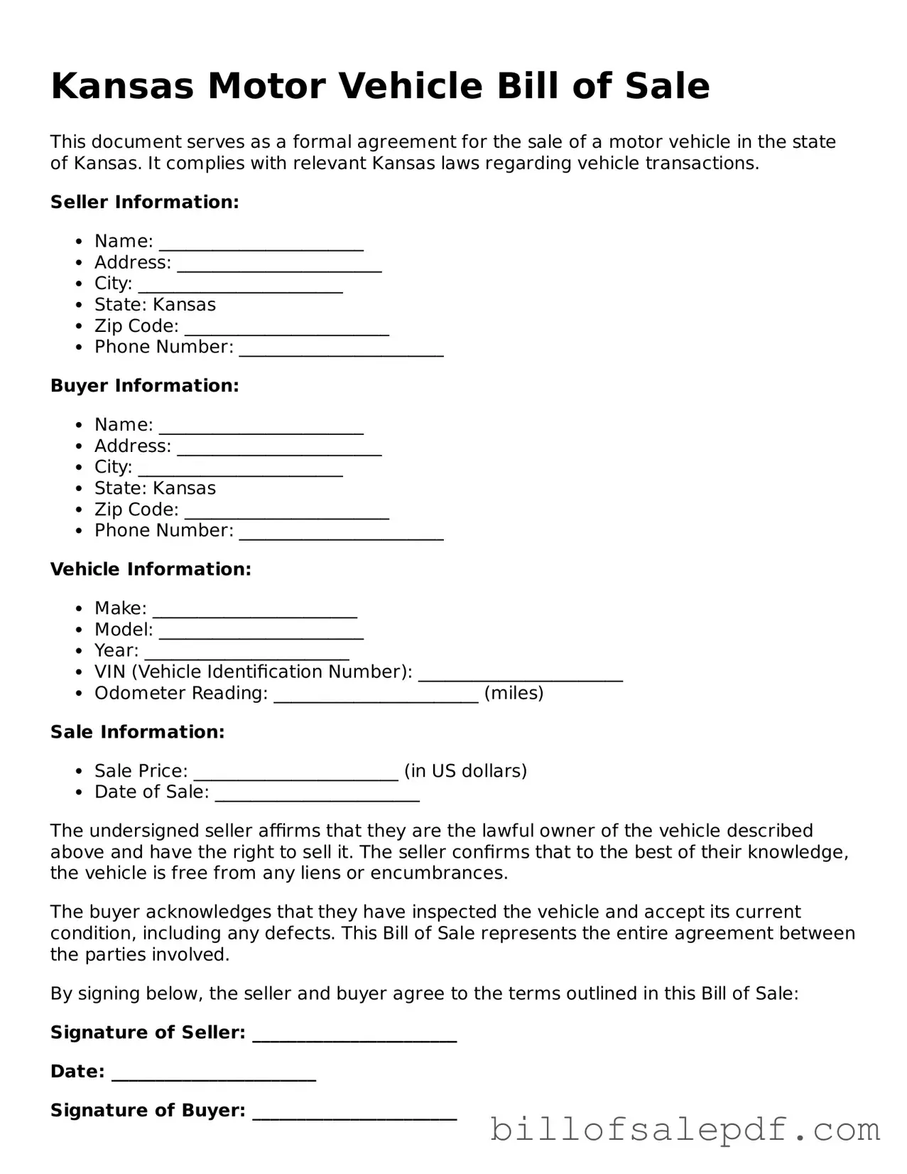 Legal Kansas Motor Vehicle Bill of Sale Form