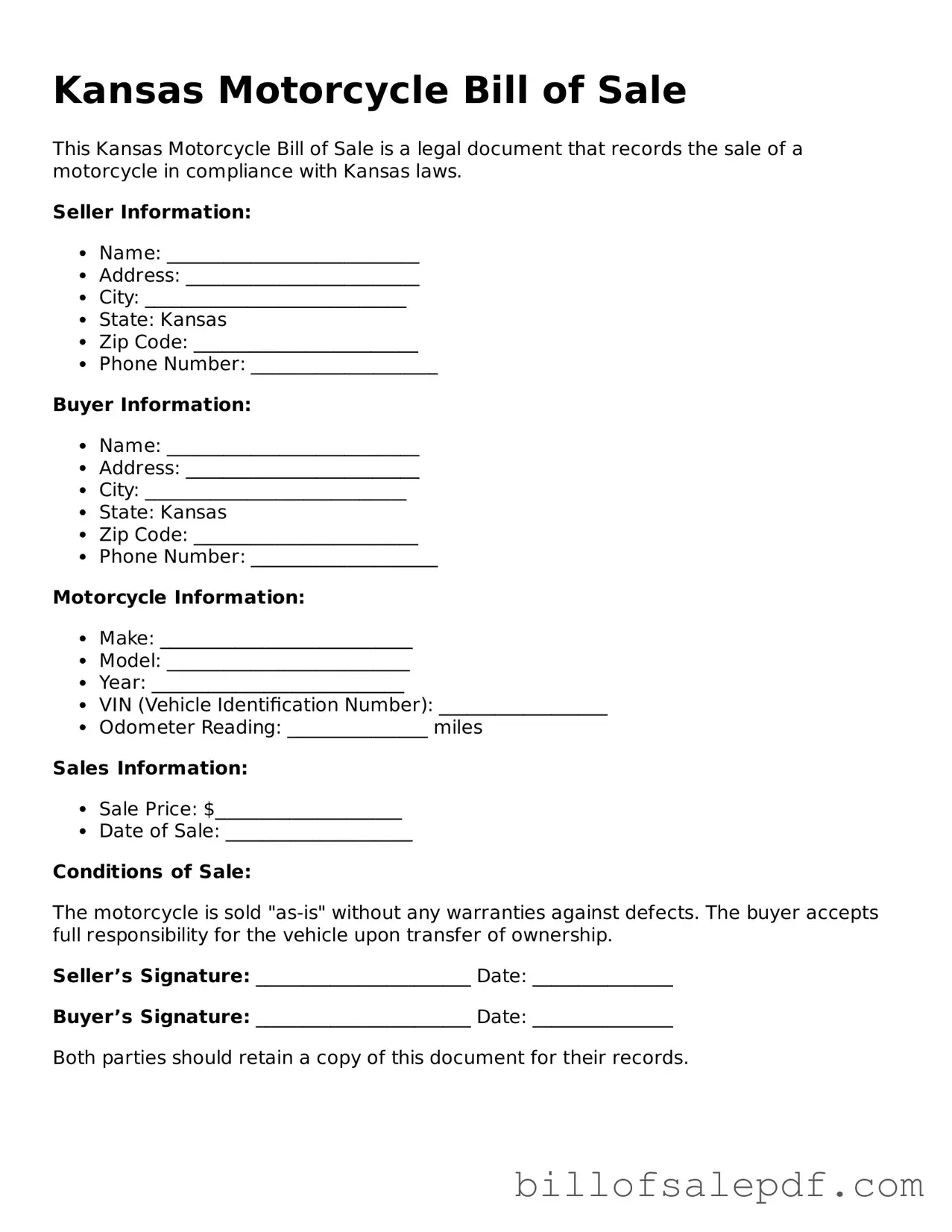Legal Kansas Motorcycle Bill of Sale Form