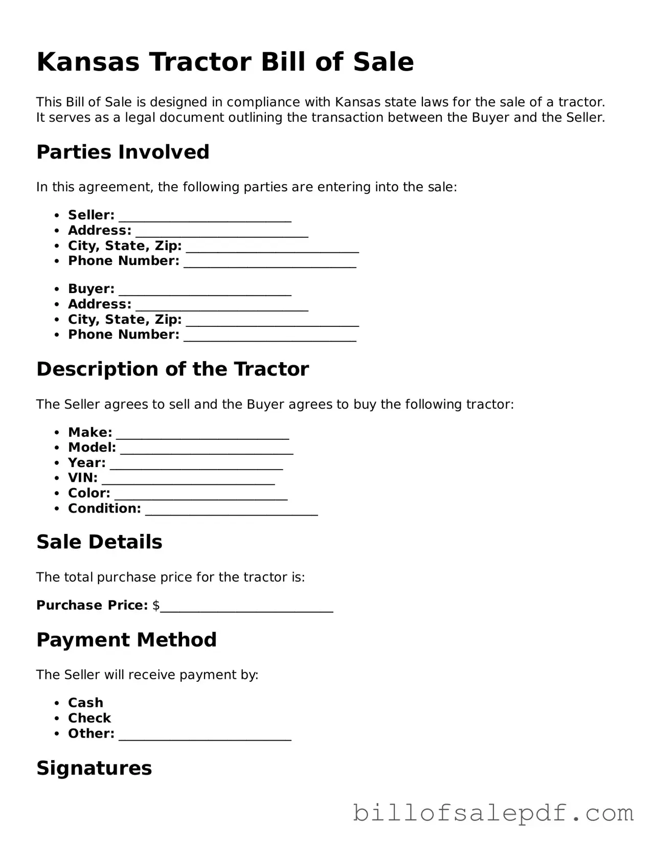 Legal Kansas Tractor Bill of Sale Form