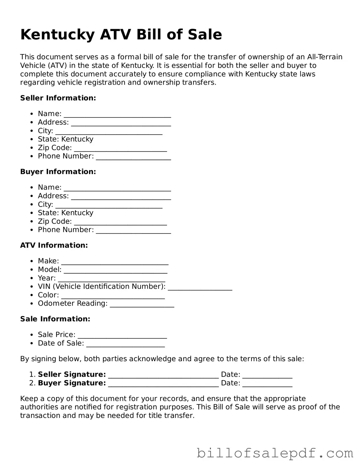 Legal Kentucky ATV Bill of Sale Form
