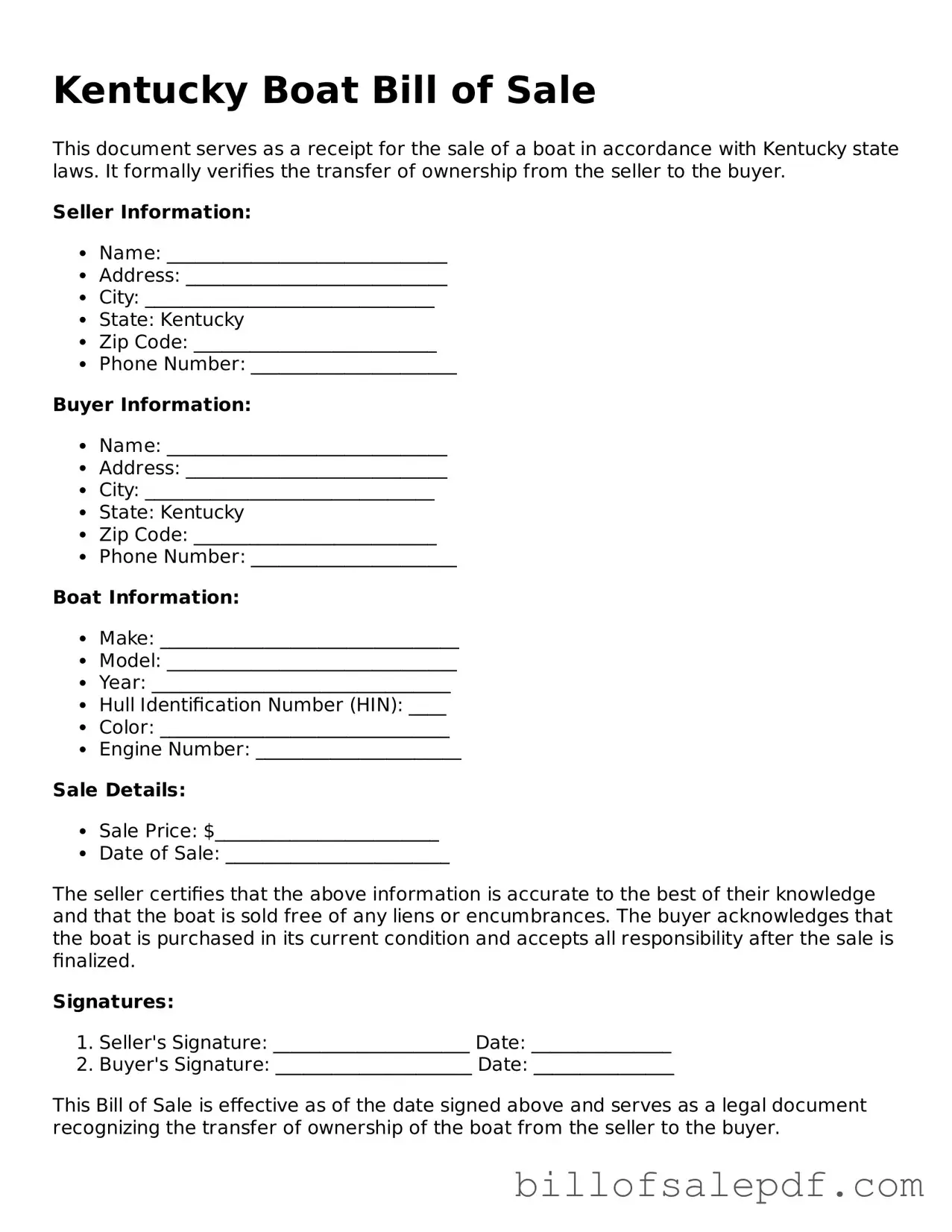 Legal Kentucky Boat Bill of Sale Form