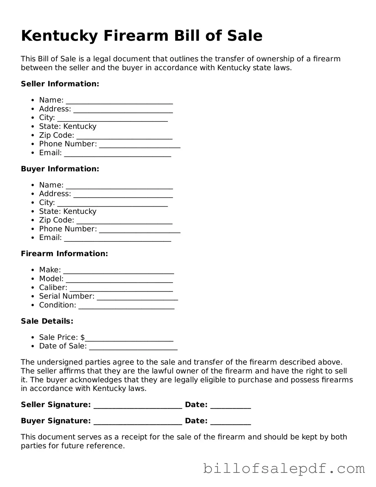Legal Kentucky Firearm Bill of Sale Form