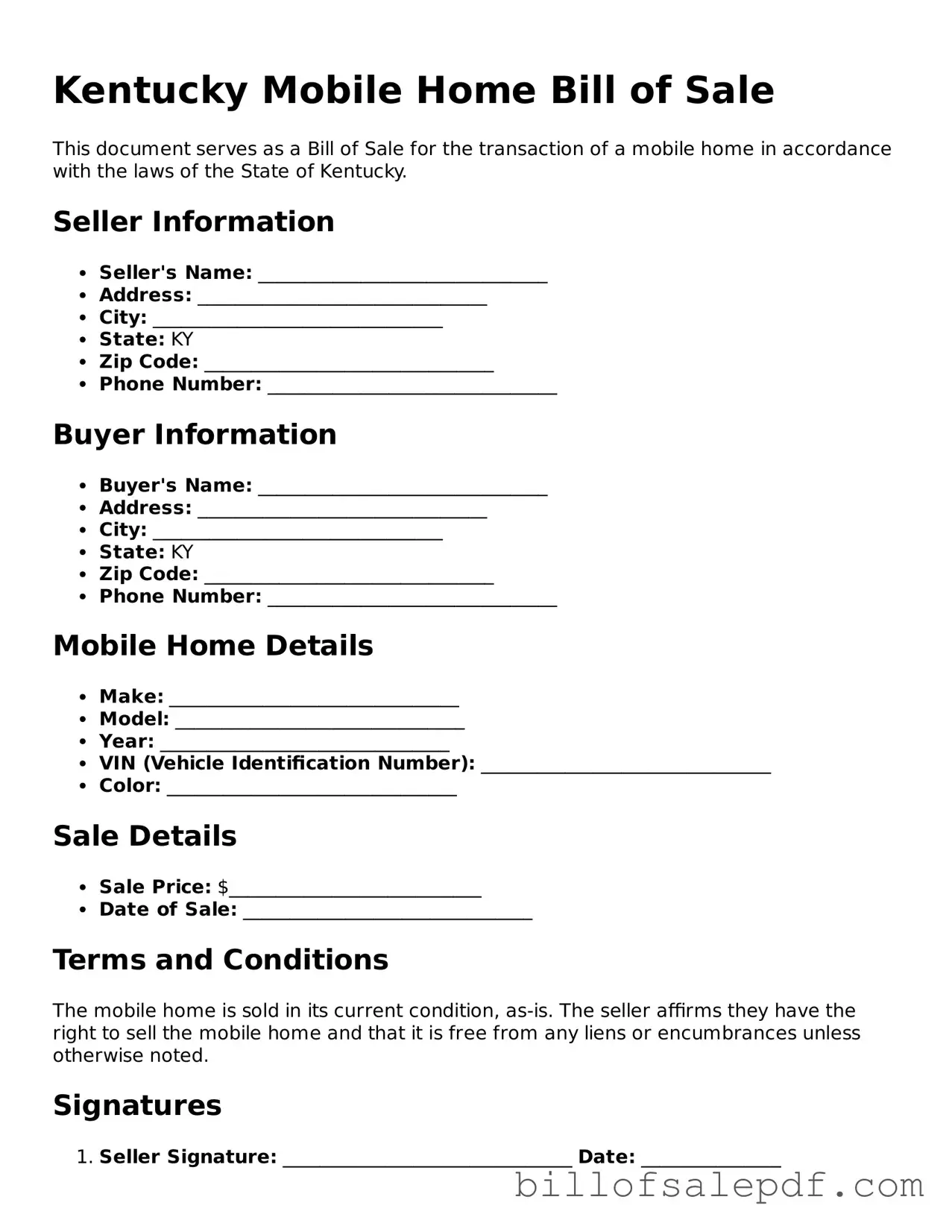 Legal Kentucky Mobile Home Bill of Sale Form