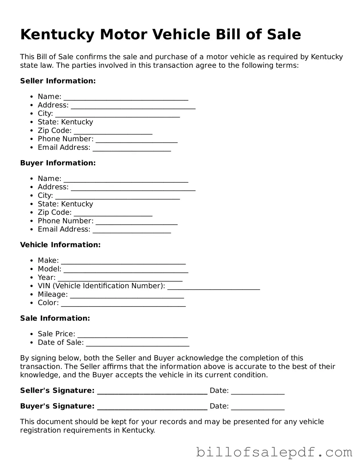 Legal Kentucky Motor Vehicle Bill of Sale Form