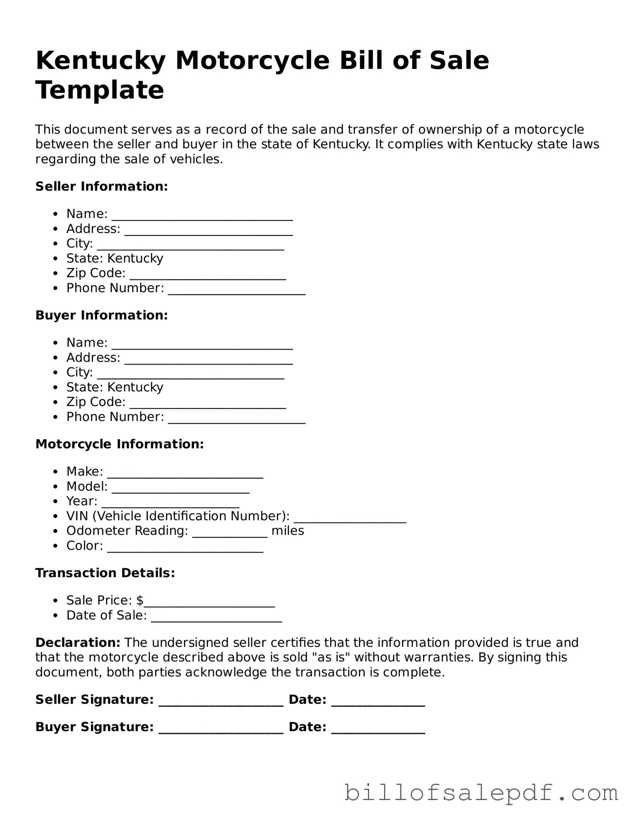 Legal Kentucky Motorcycle Bill of Sale Form