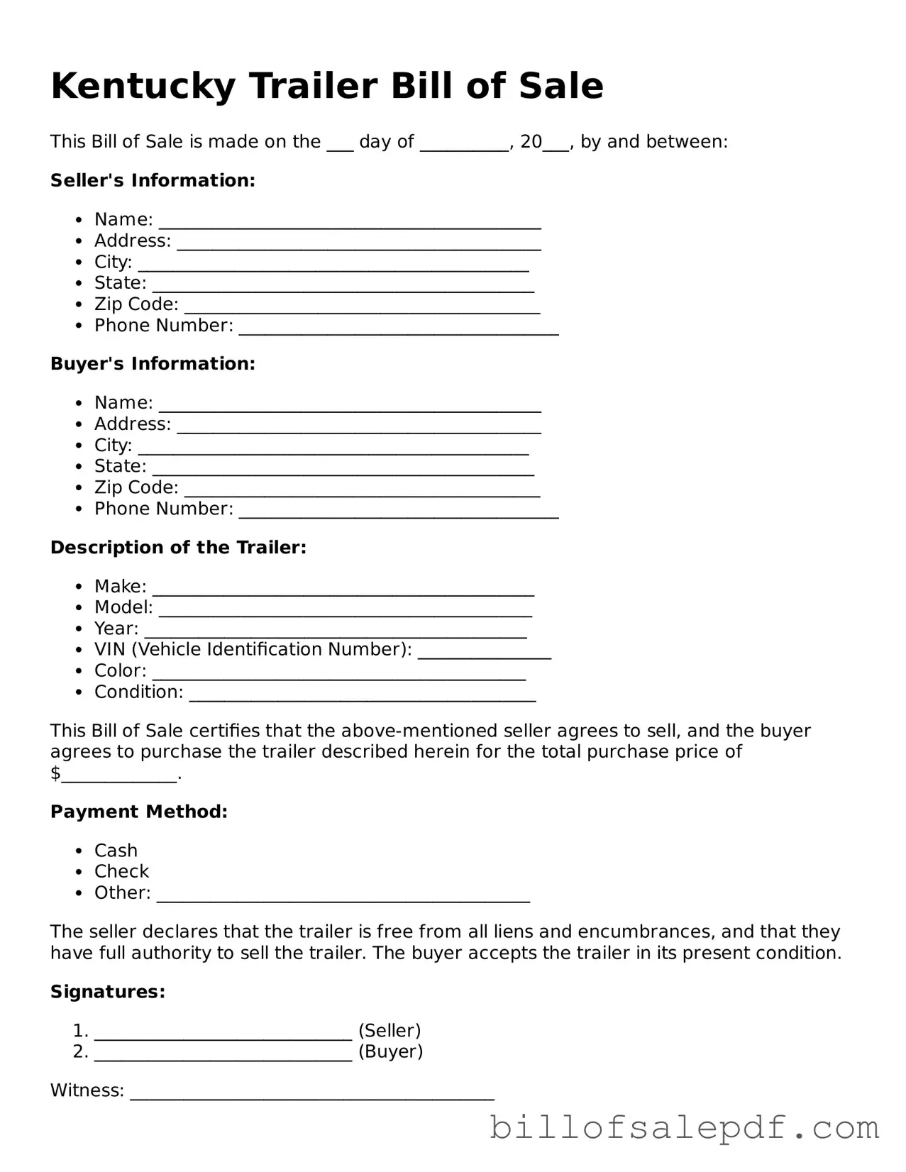 Legal Kentucky Trailer Bill of Sale Form