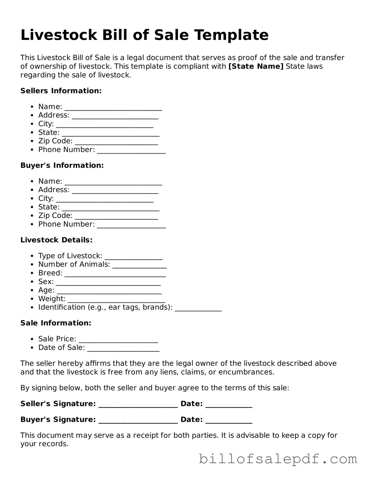 Fillable Livestock Bill of Sale Document