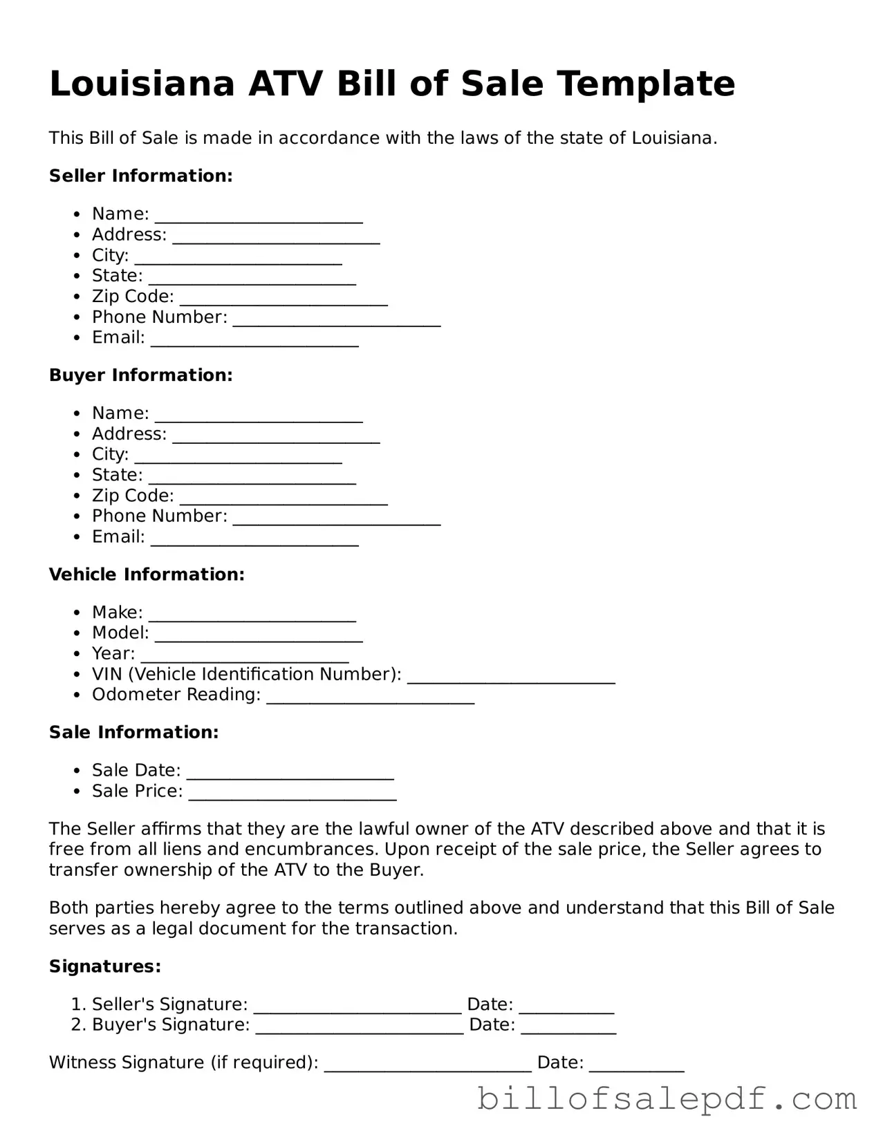 Legal Louisiana ATV Bill of Sale Form
