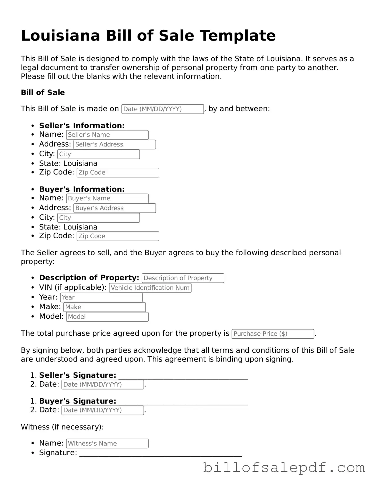 Legal Louisiana Bill of Sale Form