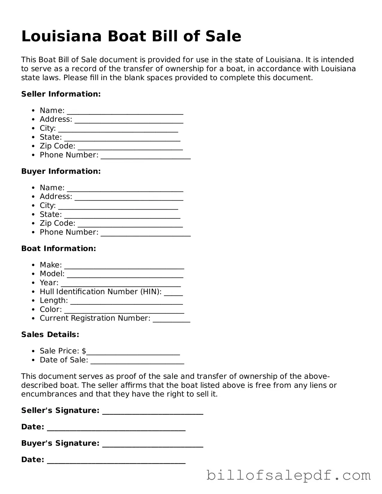 Legal Louisiana Boat Bill of Sale Form