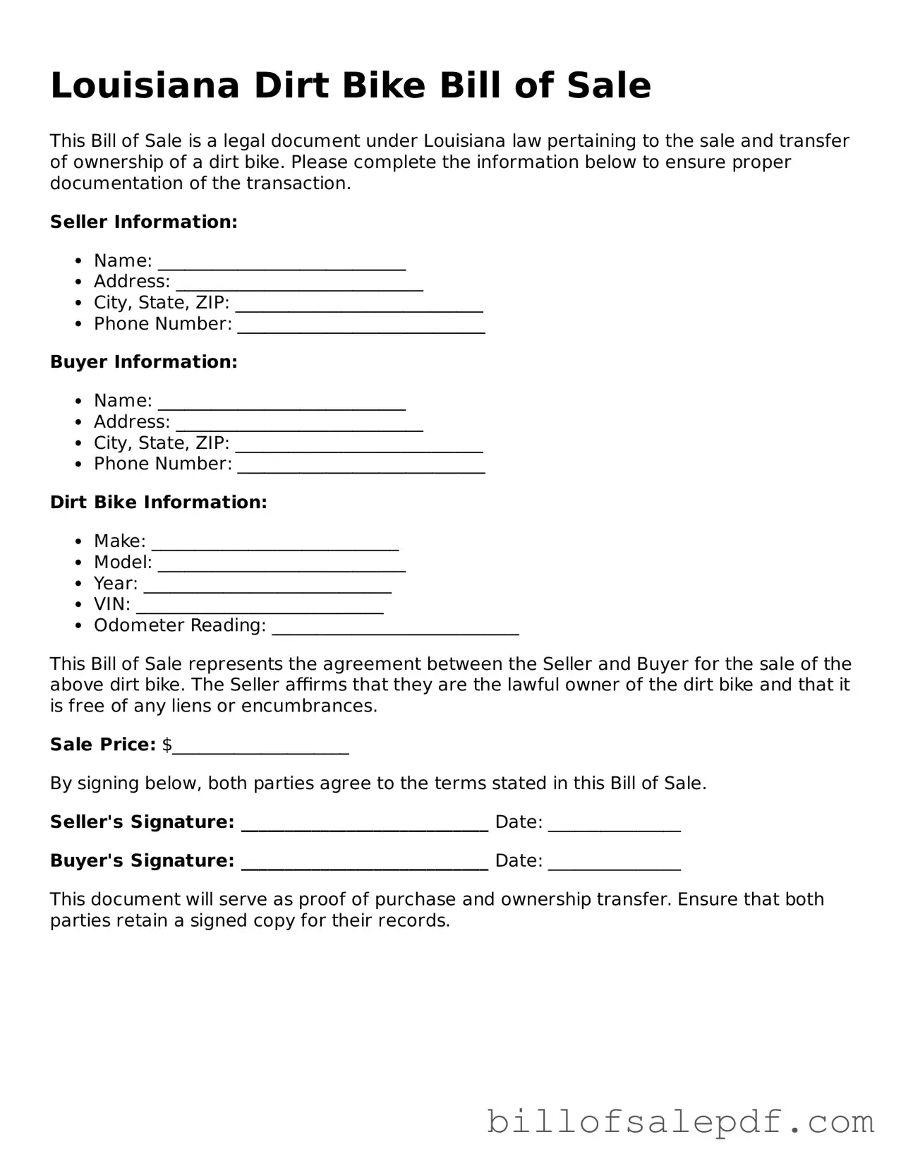 Legal Louisiana Dirt Bike Bill of Sale Form