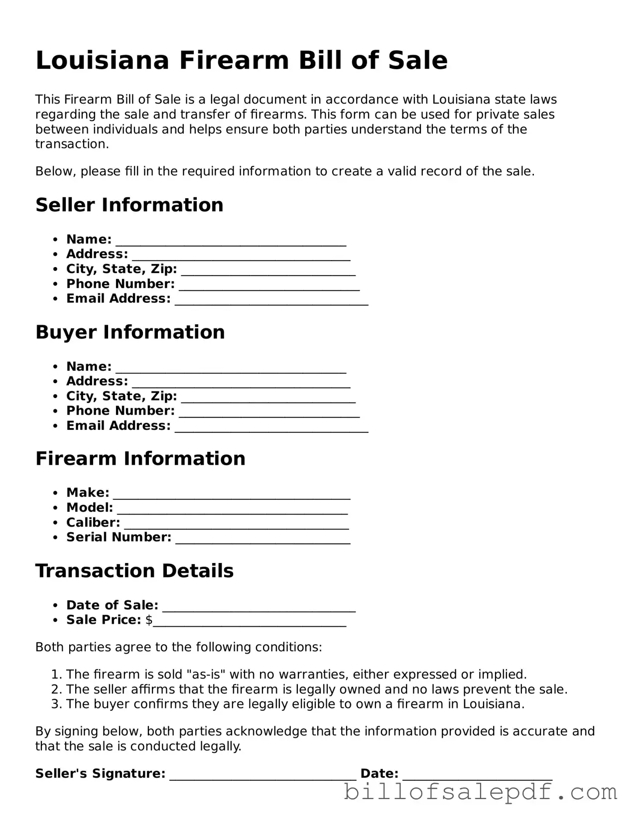 Legal Louisiana Firearm Bill of Sale Form