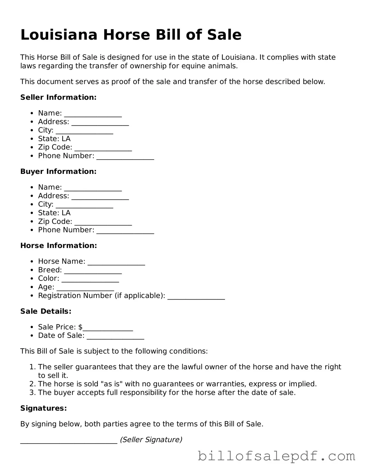 Legal Louisiana Horse Bill of Sale Form