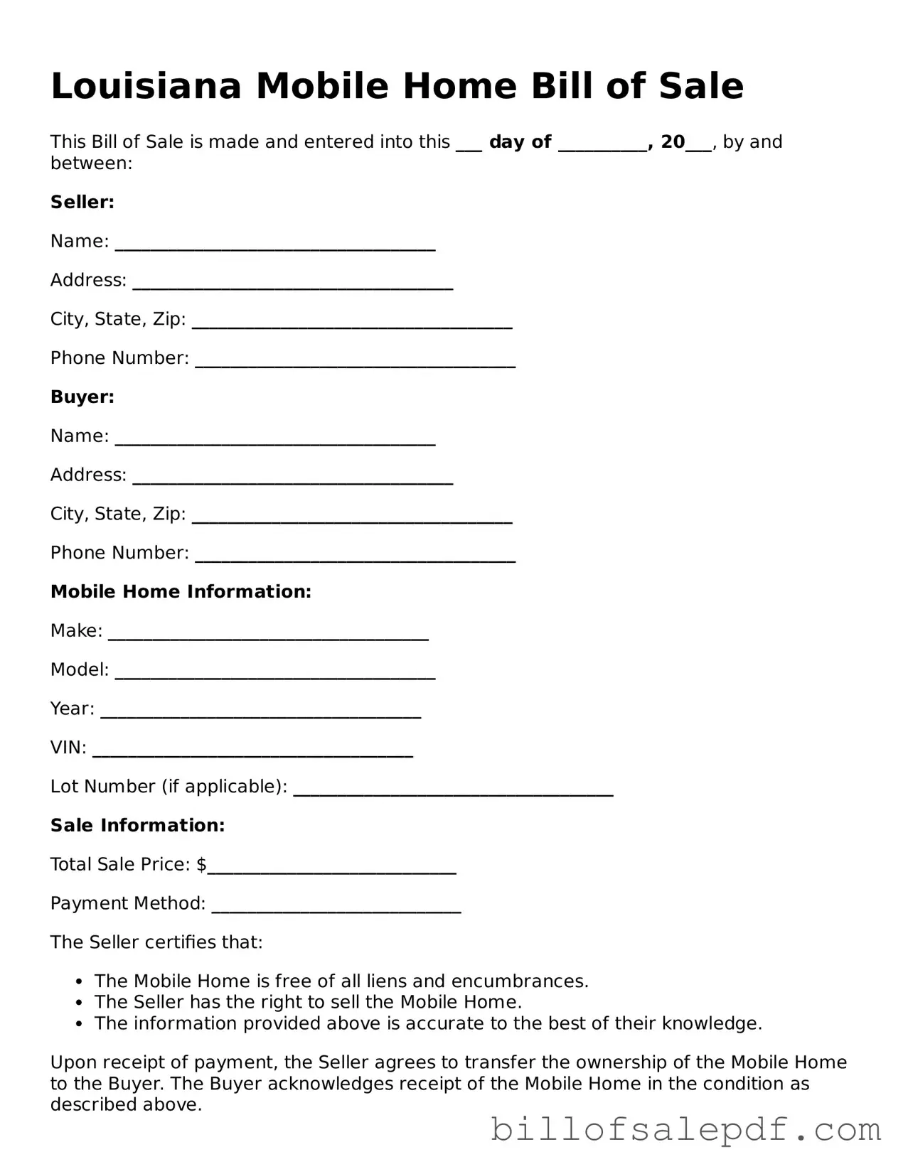 Legal Louisiana Mobile Home Bill of Sale Form