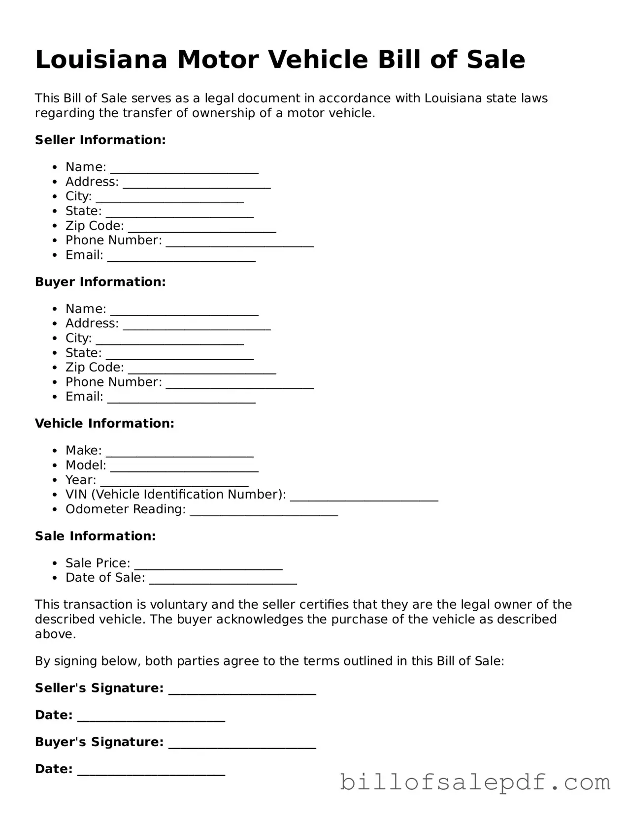 Legal Louisiana Motor Vehicle Bill of Sale Form