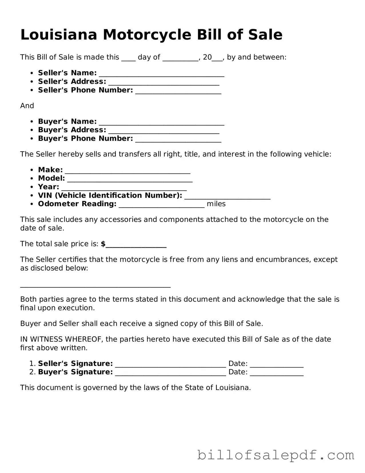 Legal Louisiana Motorcycle Bill of Sale Form