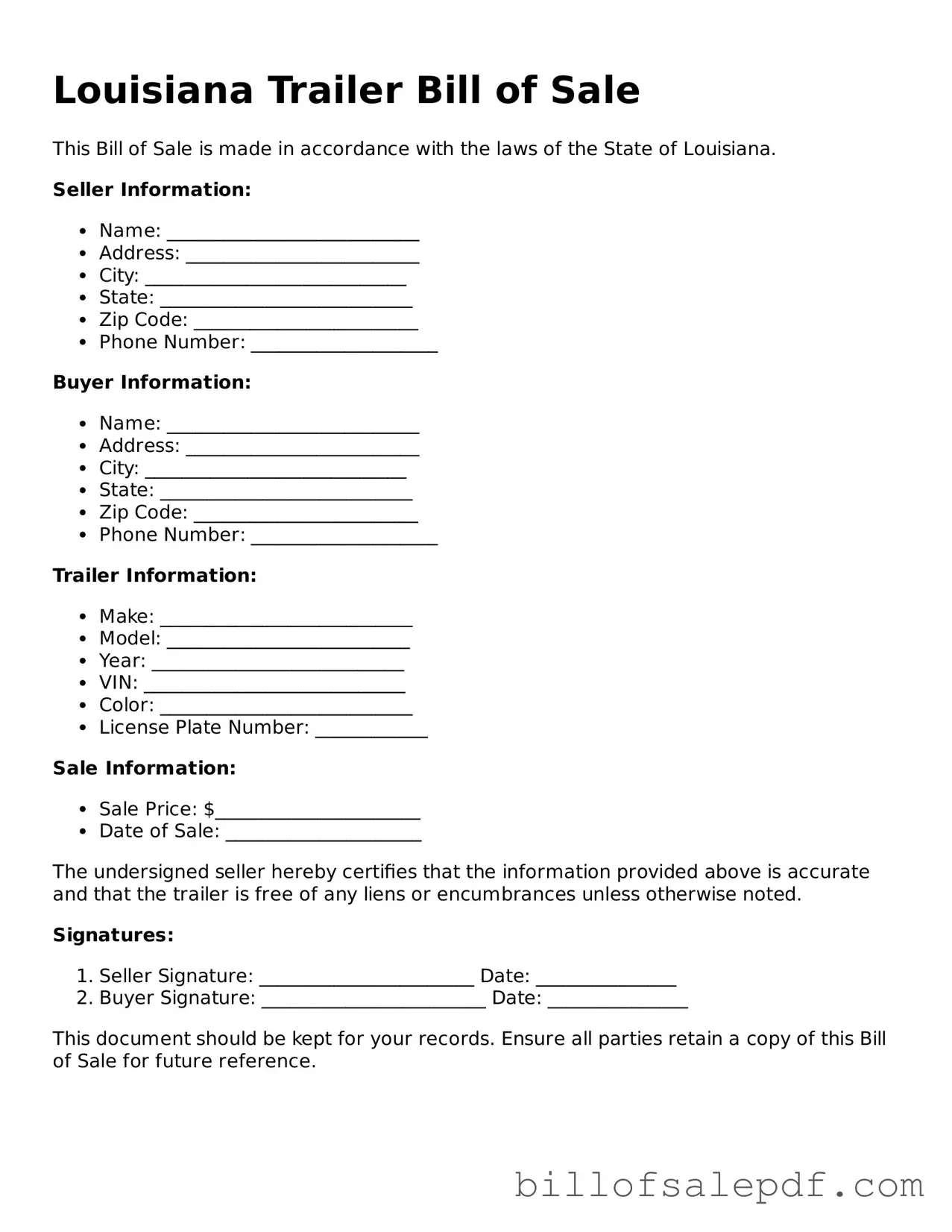Legal Louisiana Trailer Bill of Sale Form