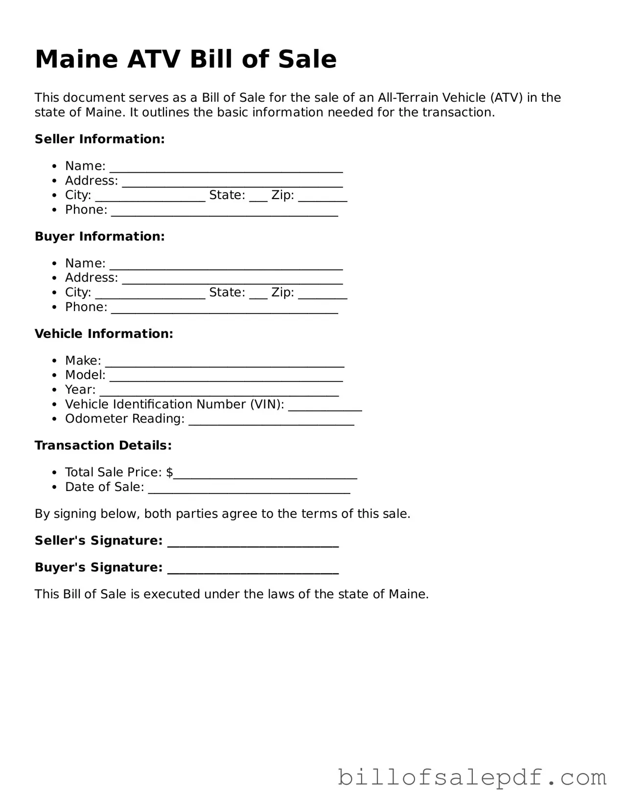 Legal Maine ATV Bill of Sale Form