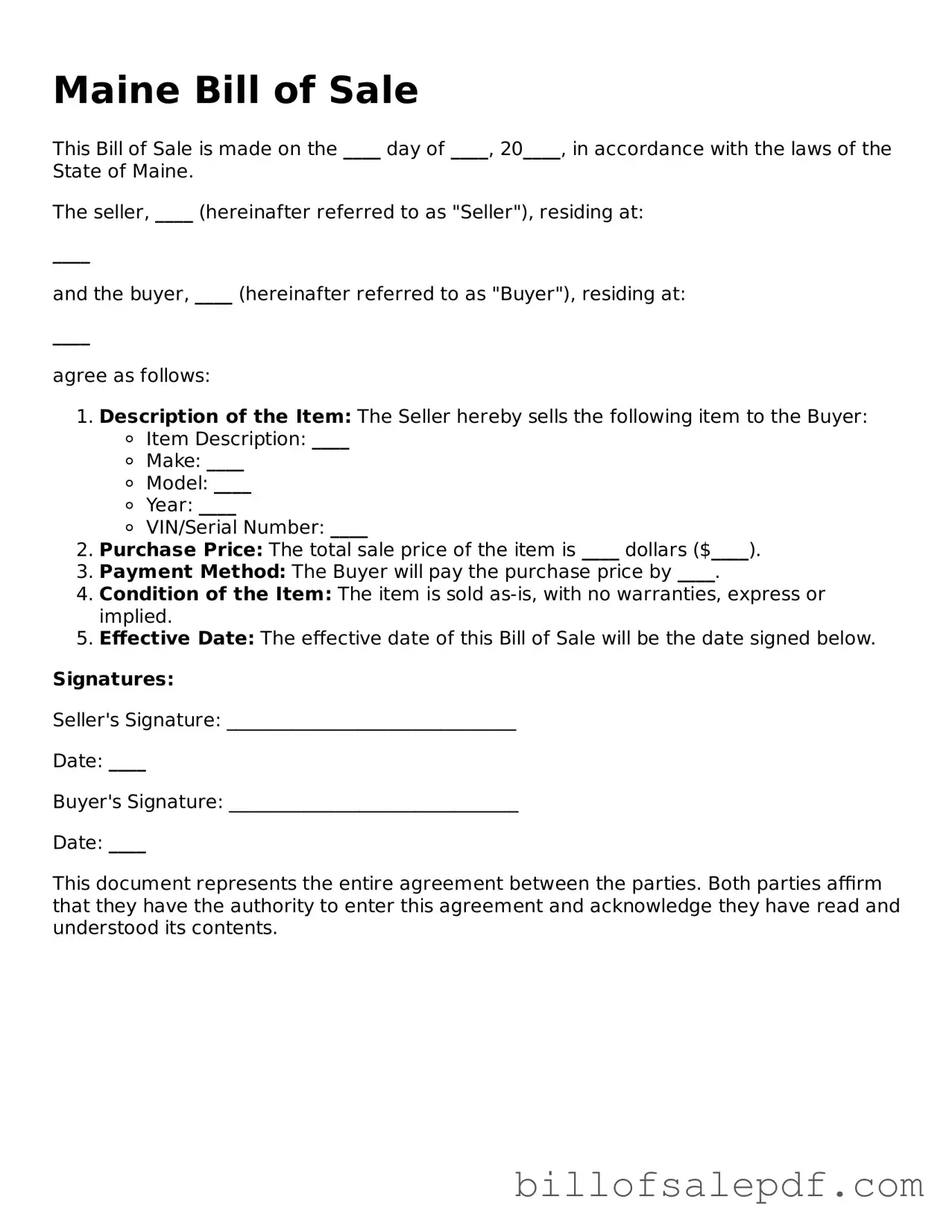 Legal Maine Bill of Sale Form