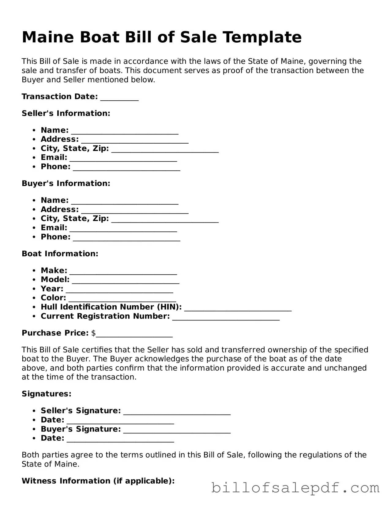 Legal Maine Boat Bill of Sale Form