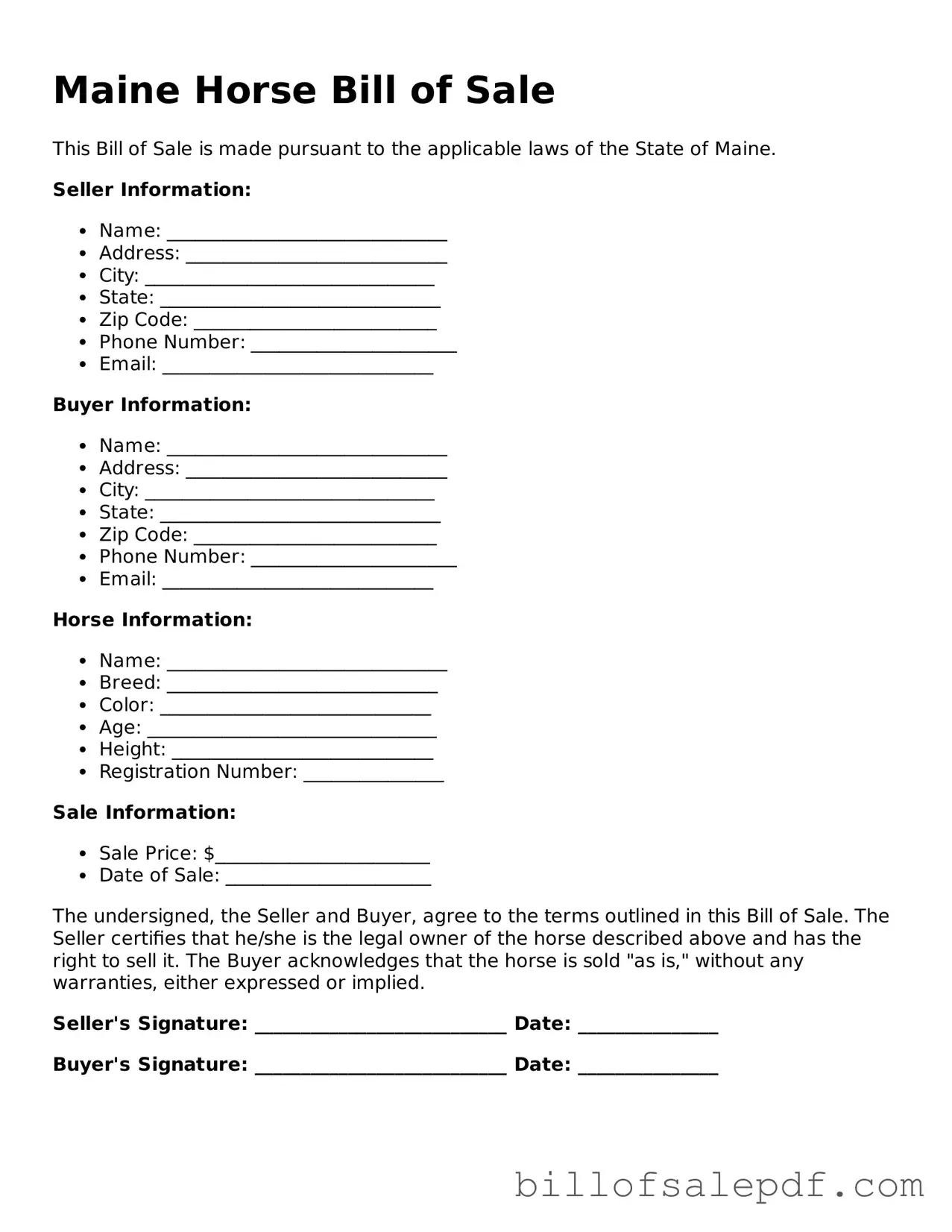 Legal Maine Horse Bill of Sale Form