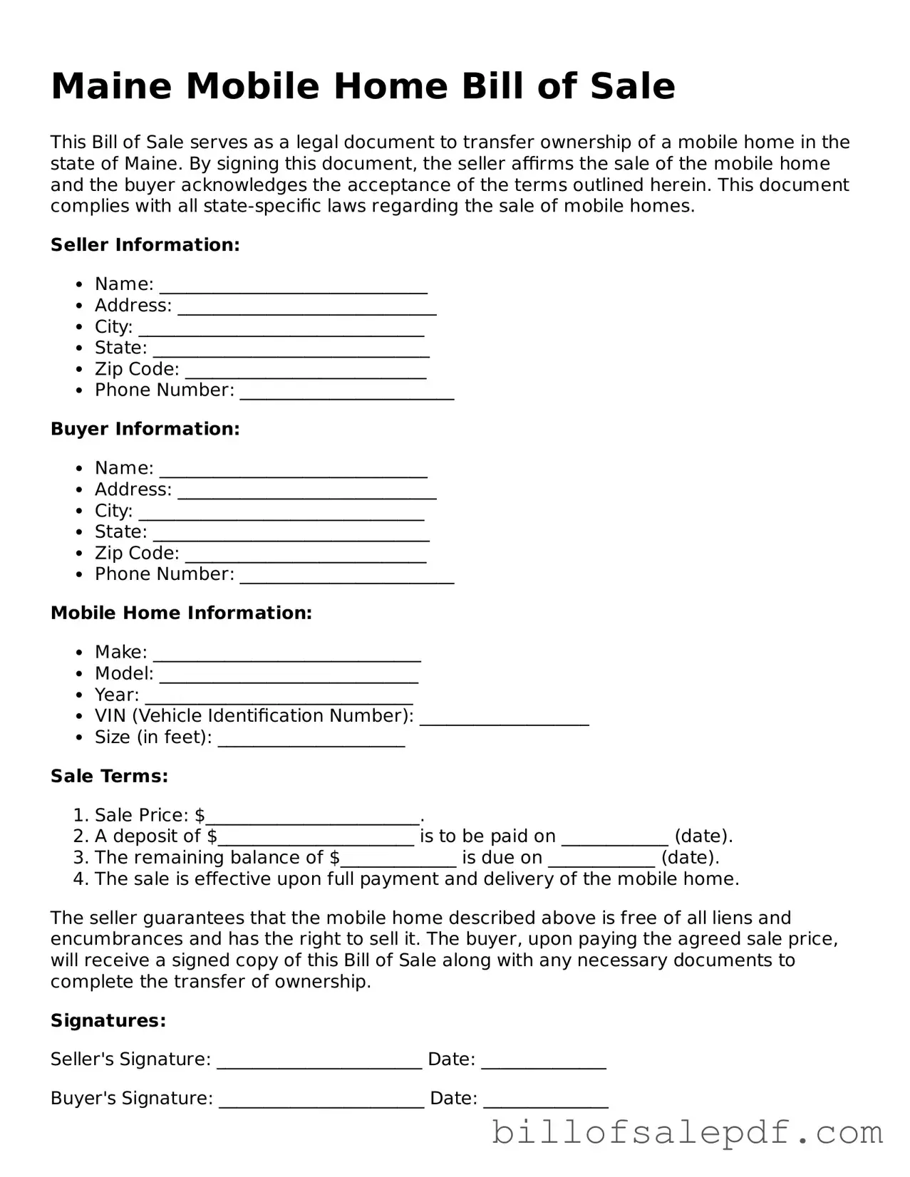 Legal Maine Mobile Home Bill of Sale Form