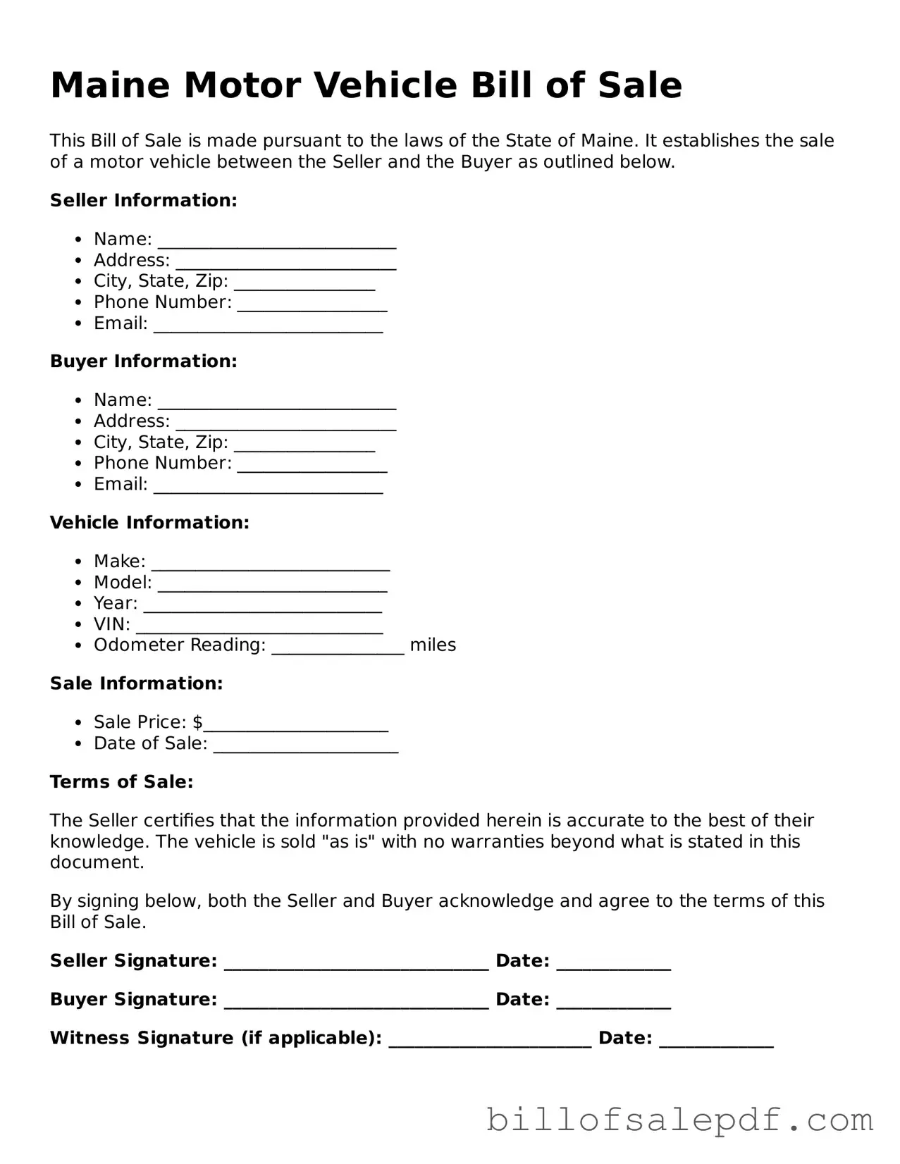 Legal Maine Motor Vehicle Bill of Sale Form