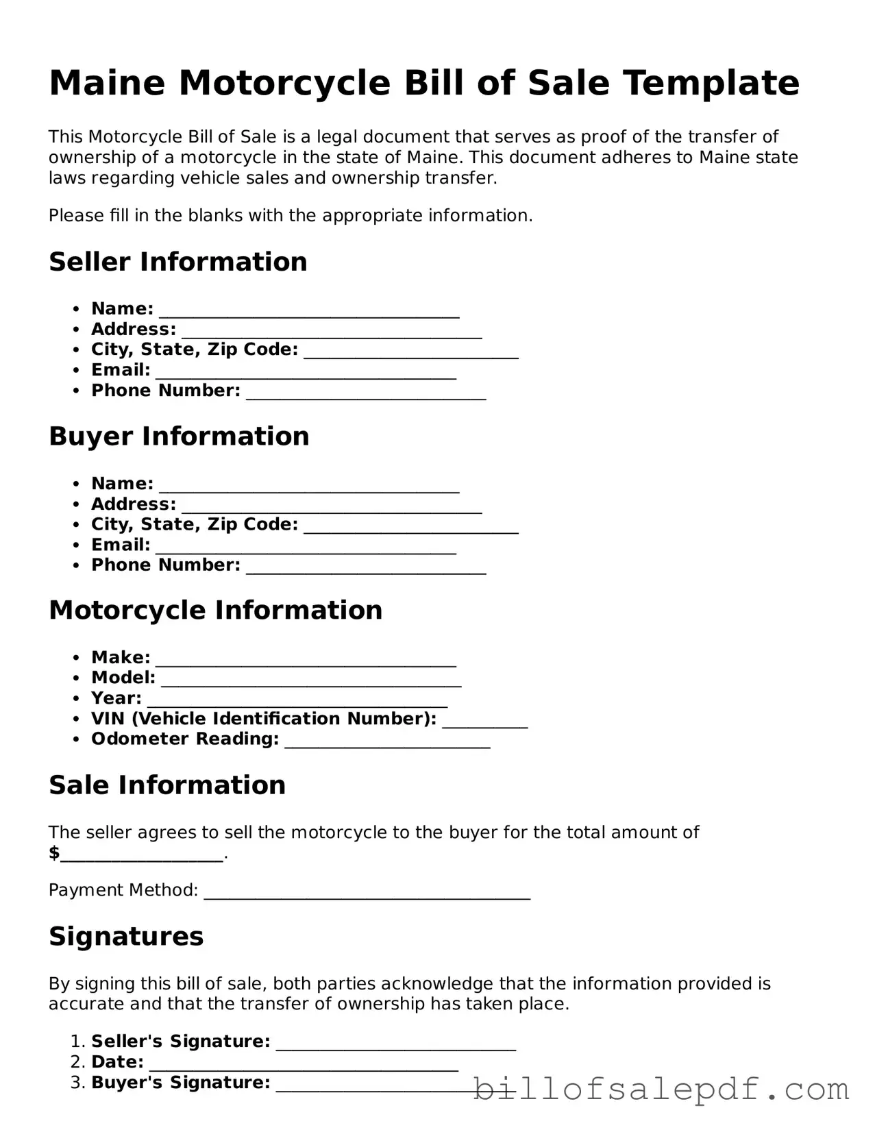 Legal Maine Motorcycle Bill of Sale Form