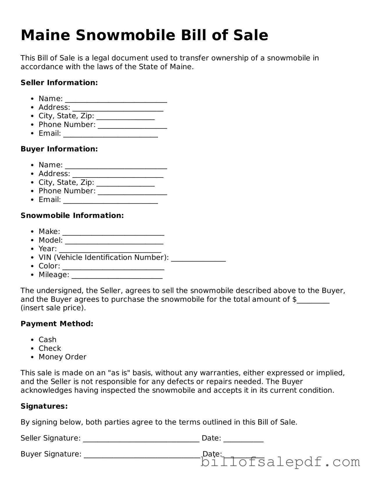 Legal Maine Snowmobile Bill of Sale Form