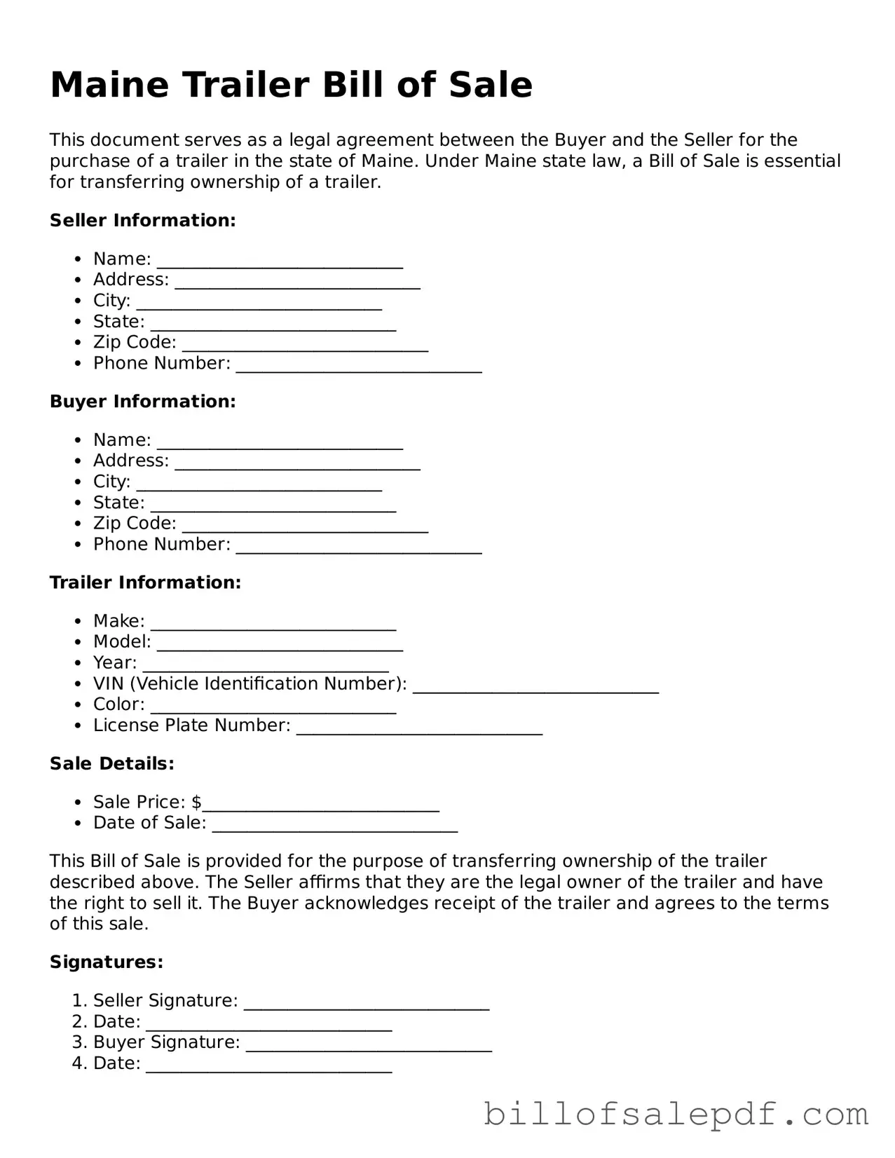 Legal Maine Trailer Bill of Sale Form