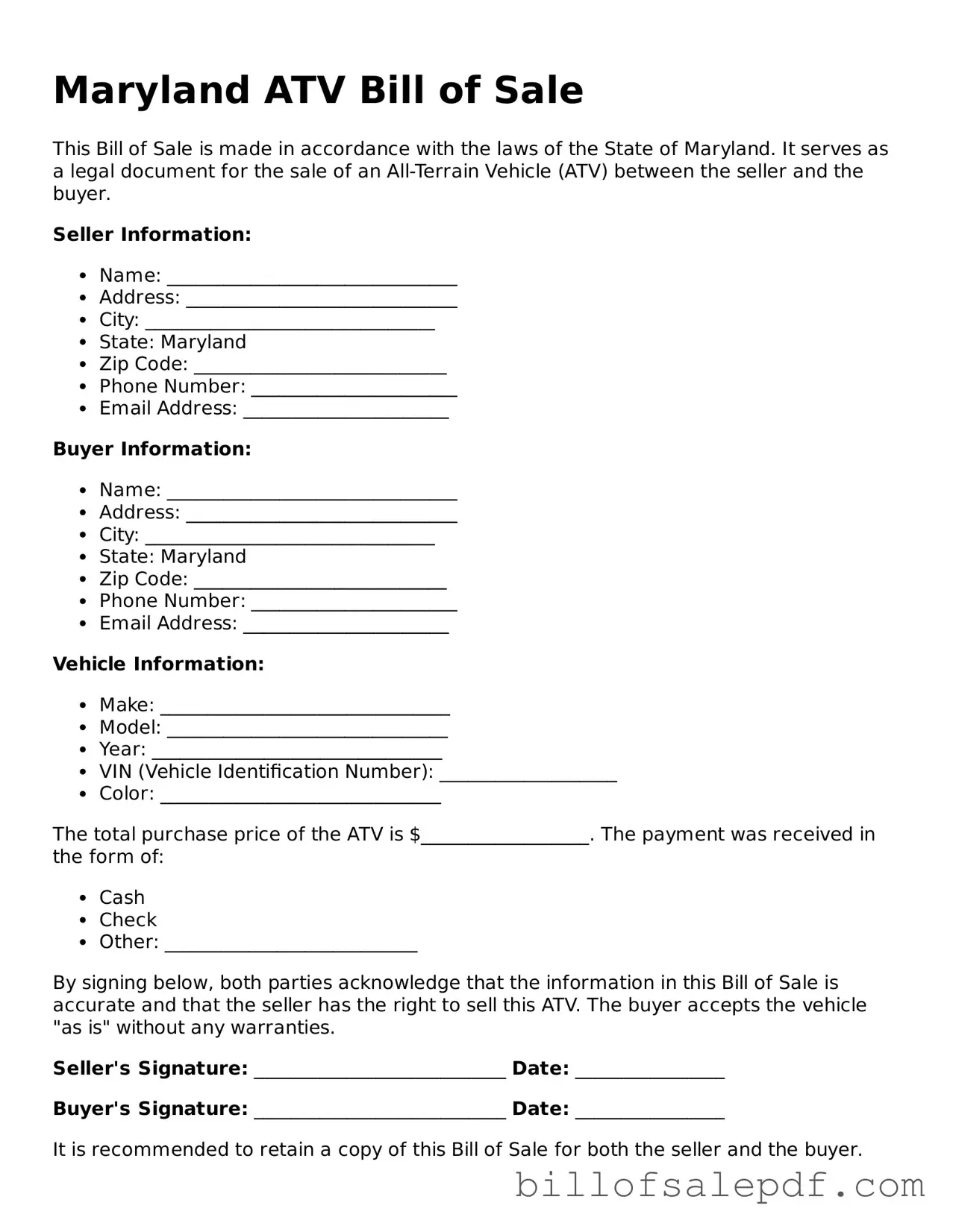 Legal Maryland ATV Bill of Sale Form