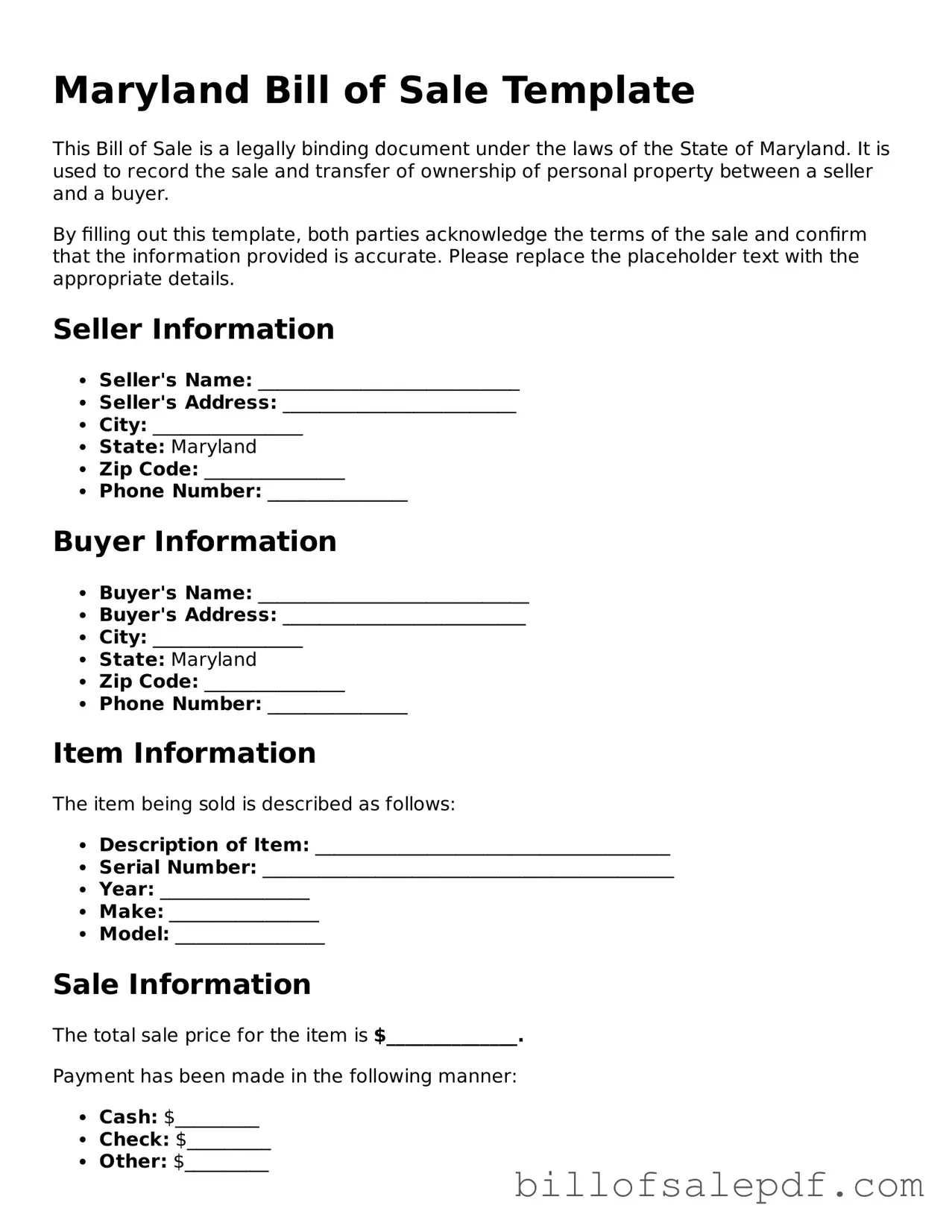 Legal Maryland Bill of Sale Form