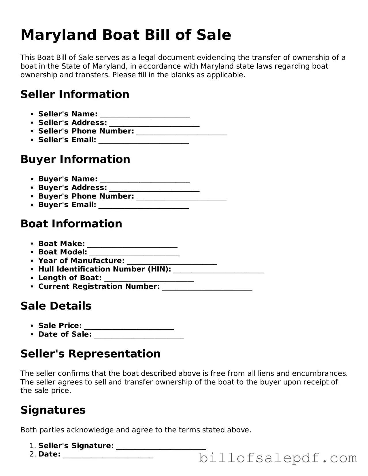 Legal Maryland Boat Bill of Sale Form