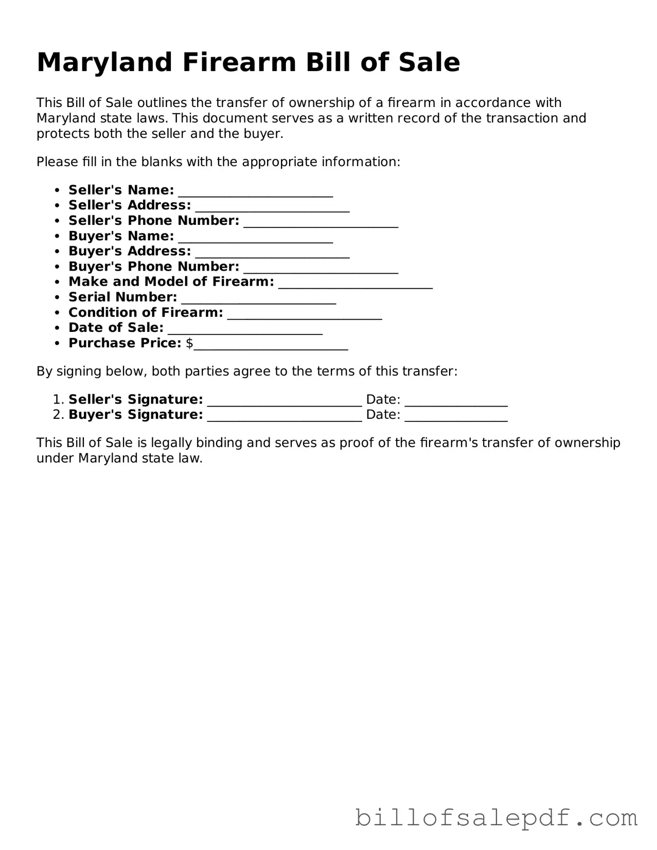 Legal Maryland Firearm Bill of Sale Form
