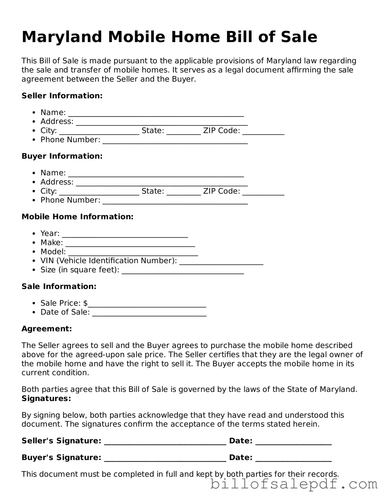 Legal Maryland Mobile Home Bill of Sale Form