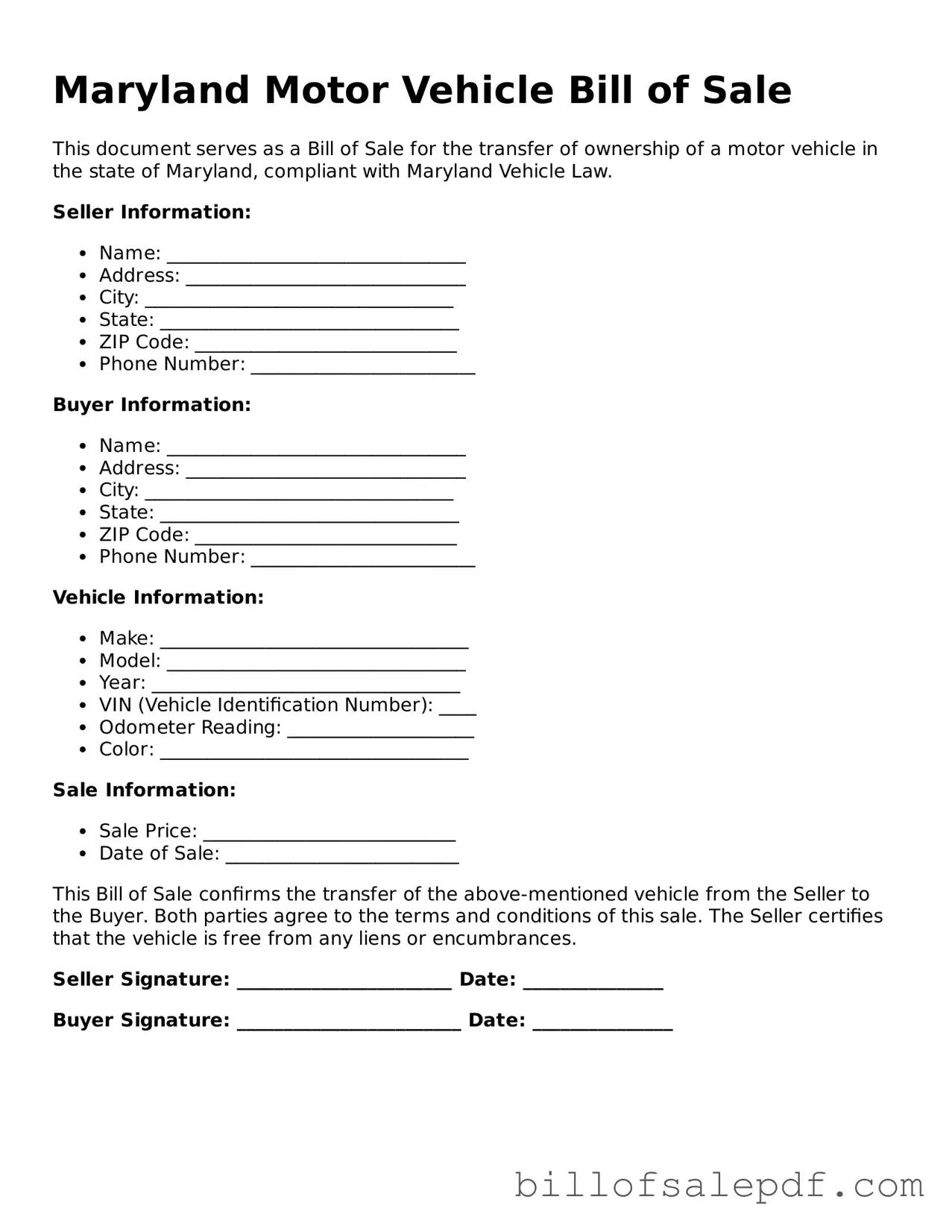 Legal Maryland Motor Vehicle Bill of Sale Form