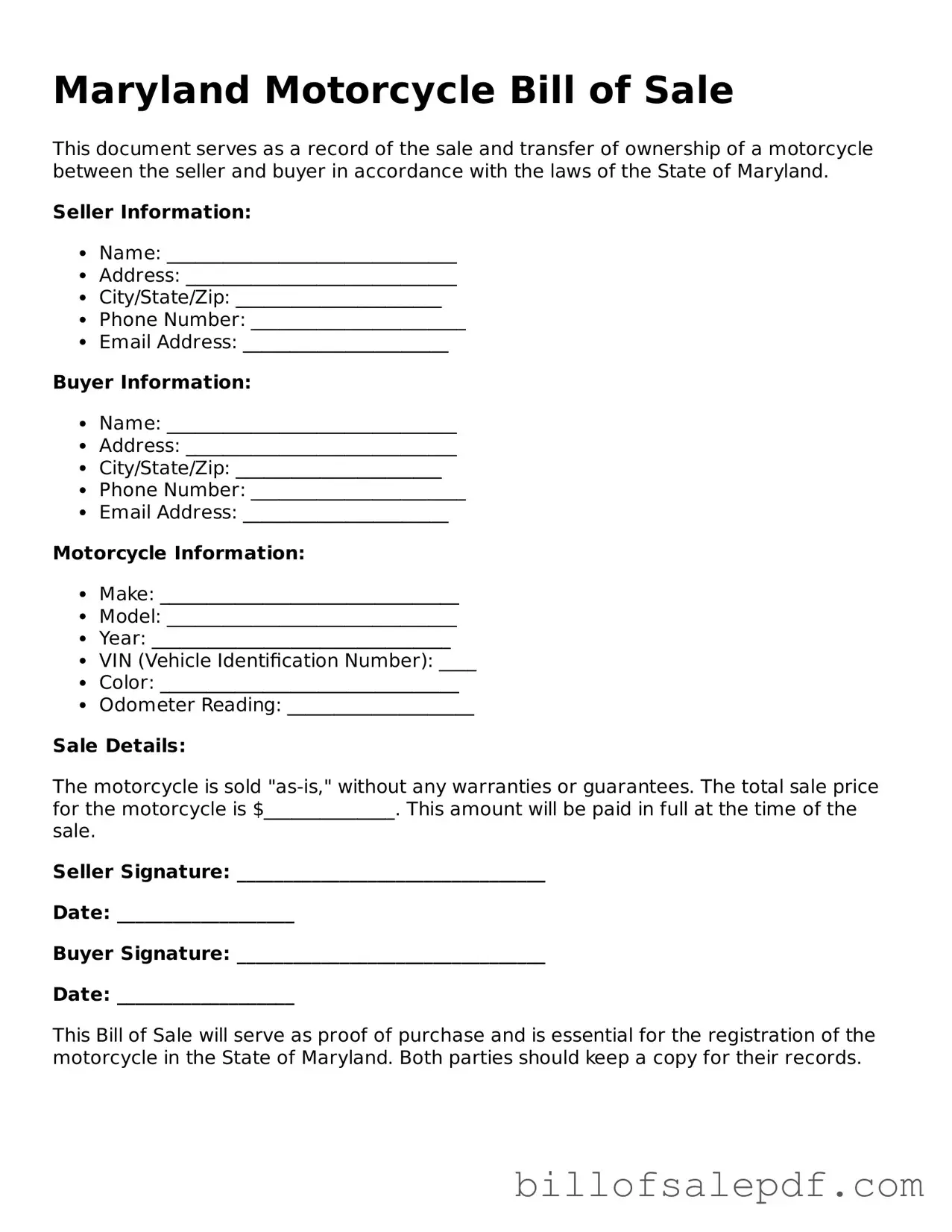 Legal Maryland Motorcycle Bill of Sale Form