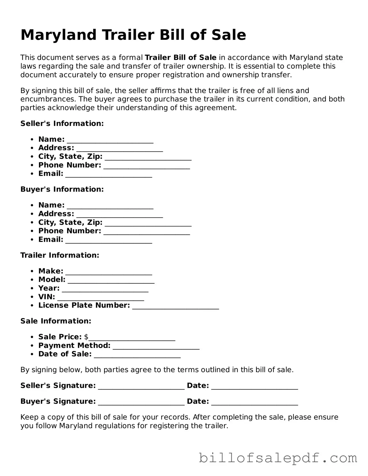 Legal Maryland Trailer Bill of Sale Form