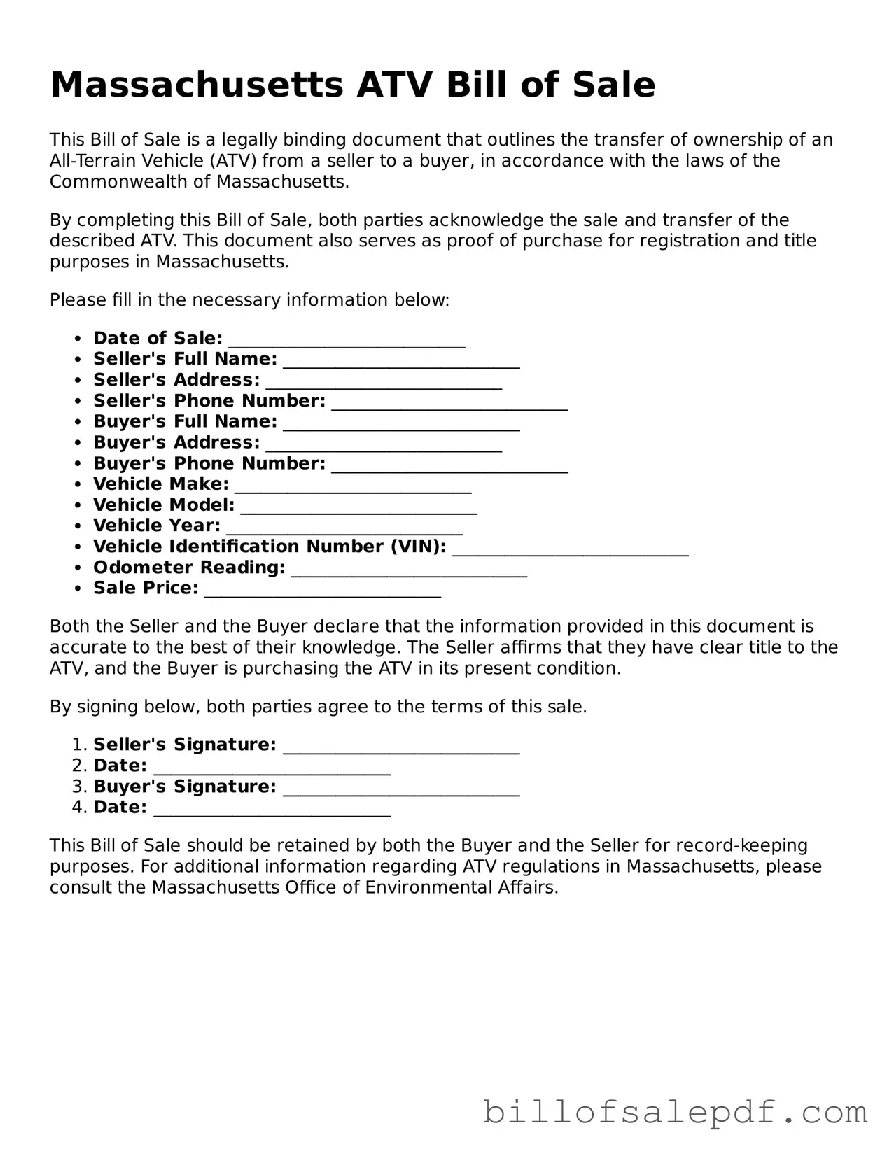 Legal Massachusetts ATV Bill of Sale Form