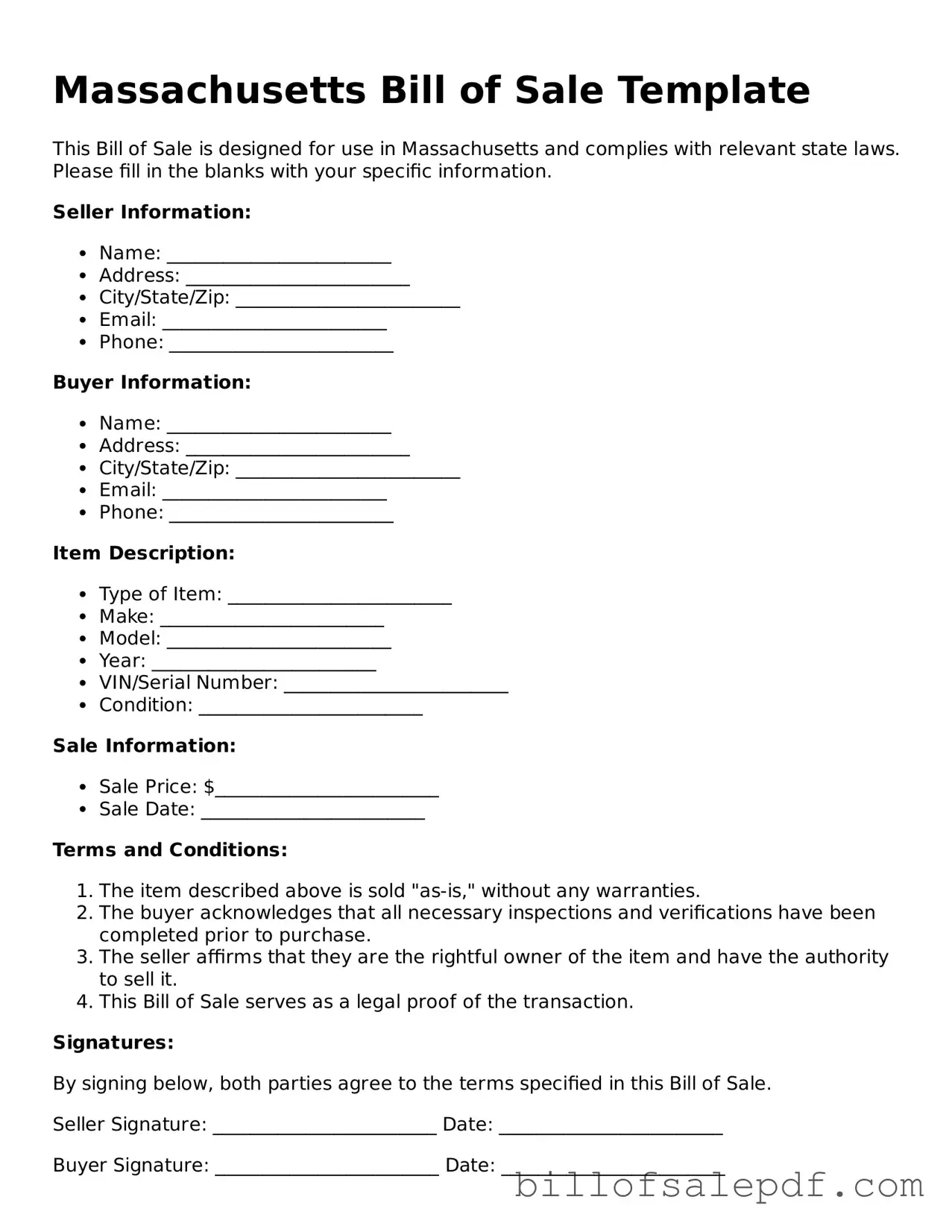 Legal Massachusetts Bill of Sale Form