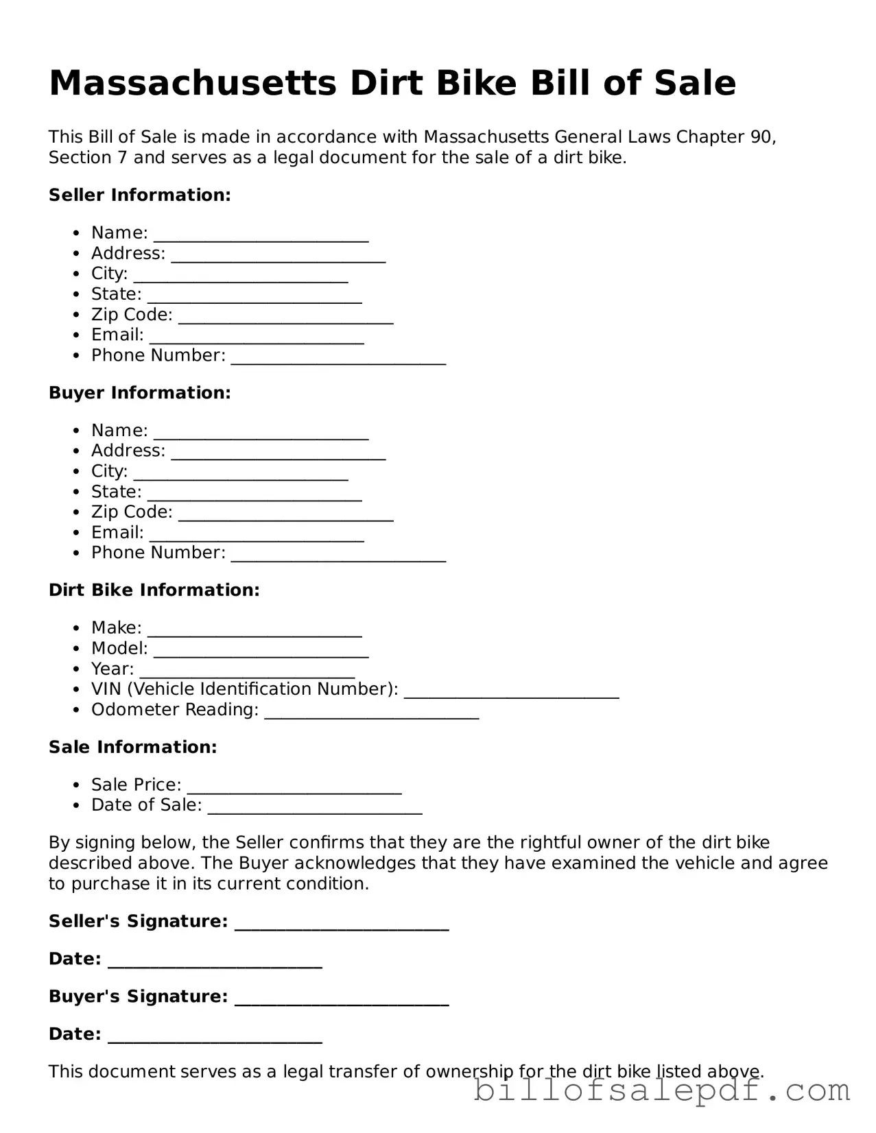 Legal Massachusetts Dirt Bike Bill of Sale Form