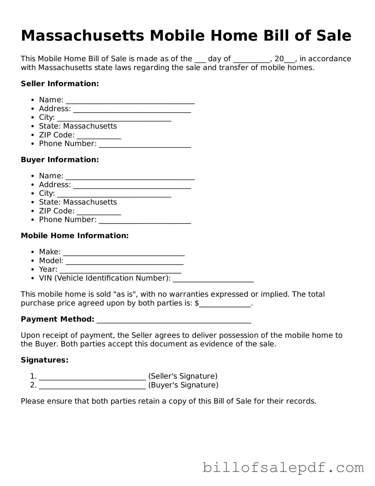 Legal Massachusetts Mobile Home Bill of Sale Form