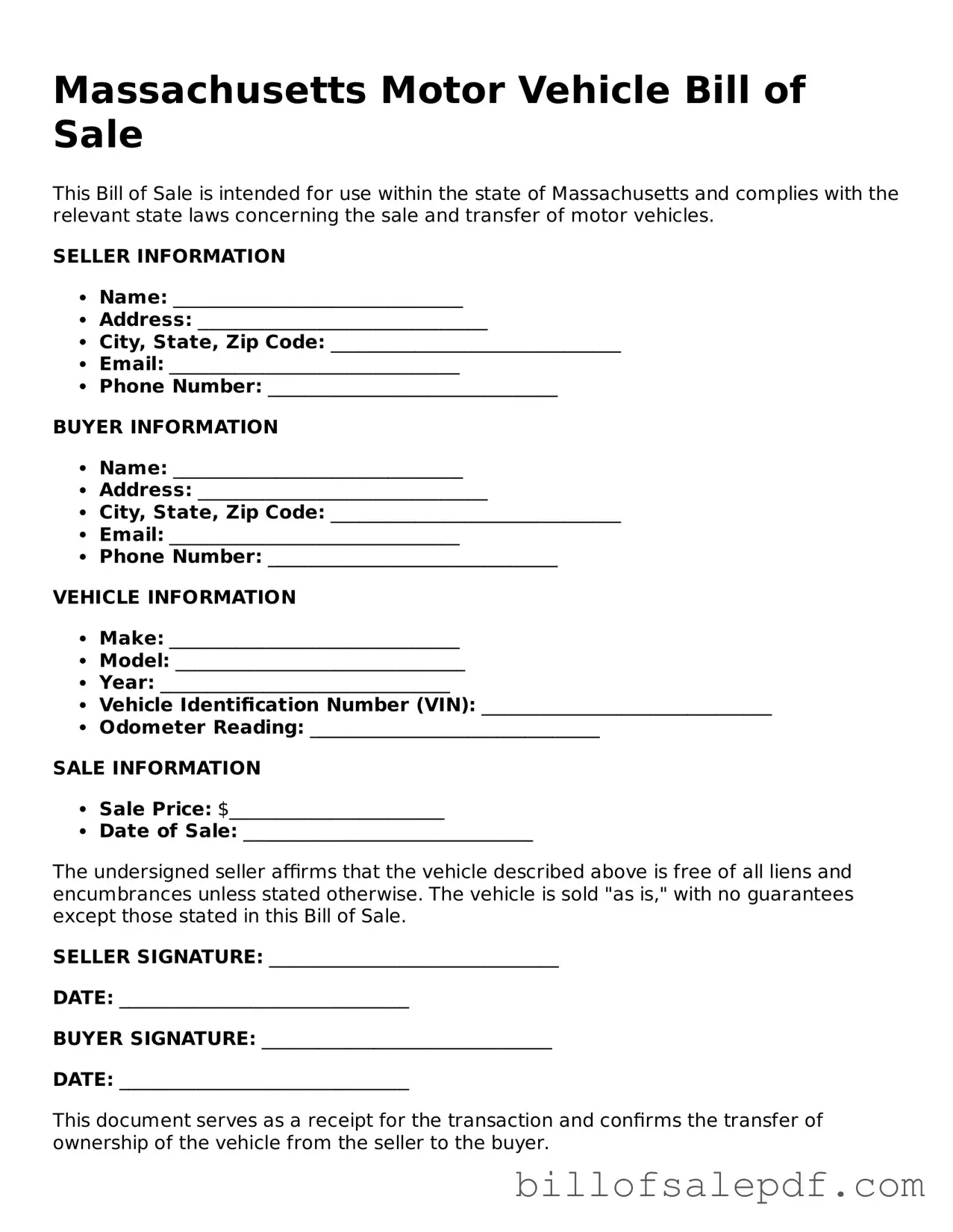 Legal Massachusetts Motor Vehicle Bill of Sale Form