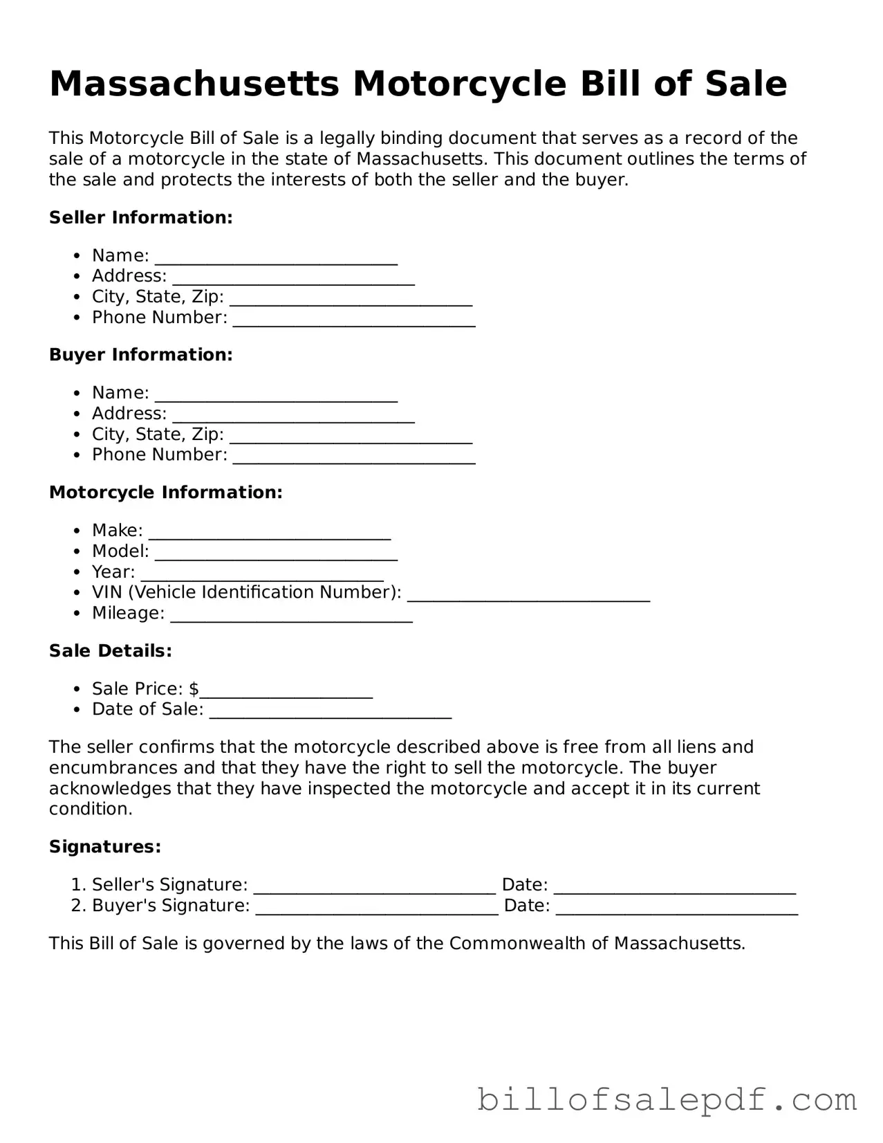 Legal Massachusetts Motorcycle Bill of Sale Form