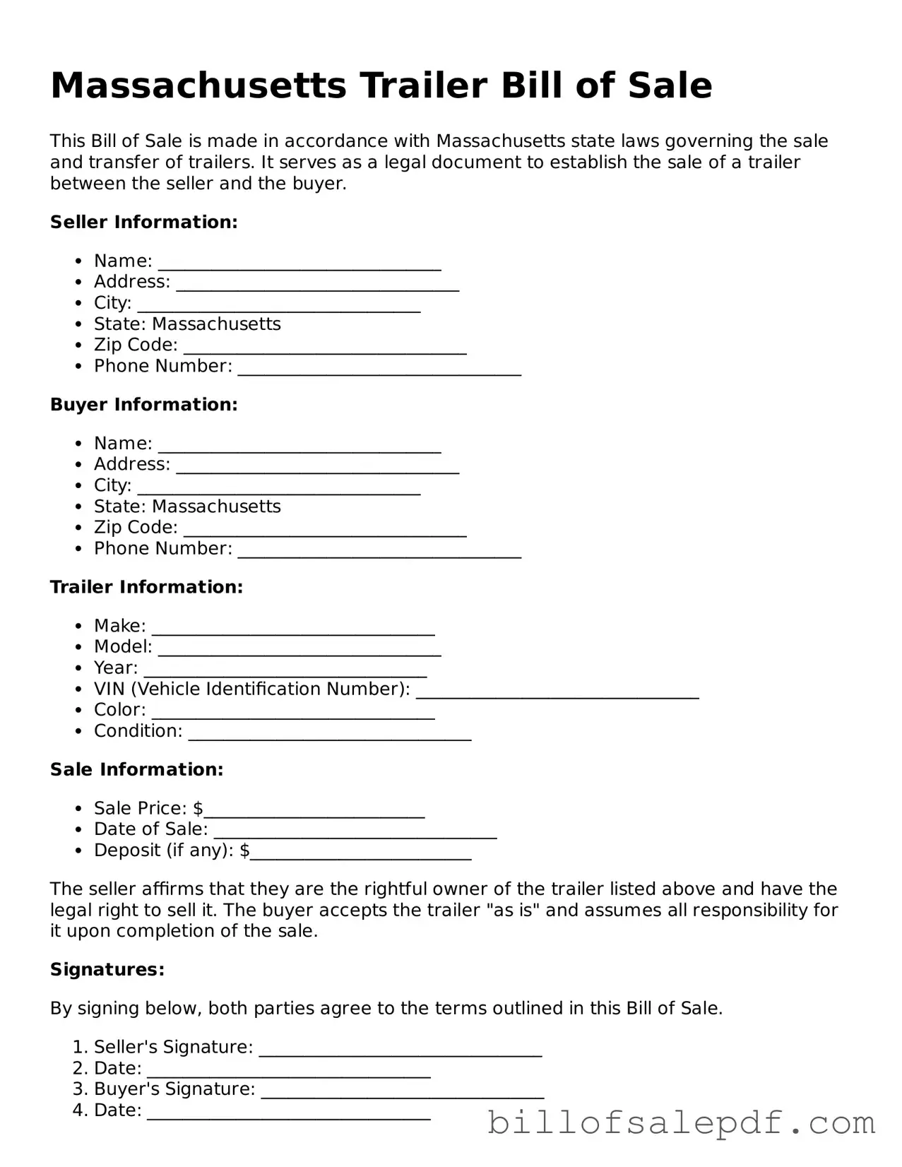 Legal Massachusetts Trailer Bill of Sale Form